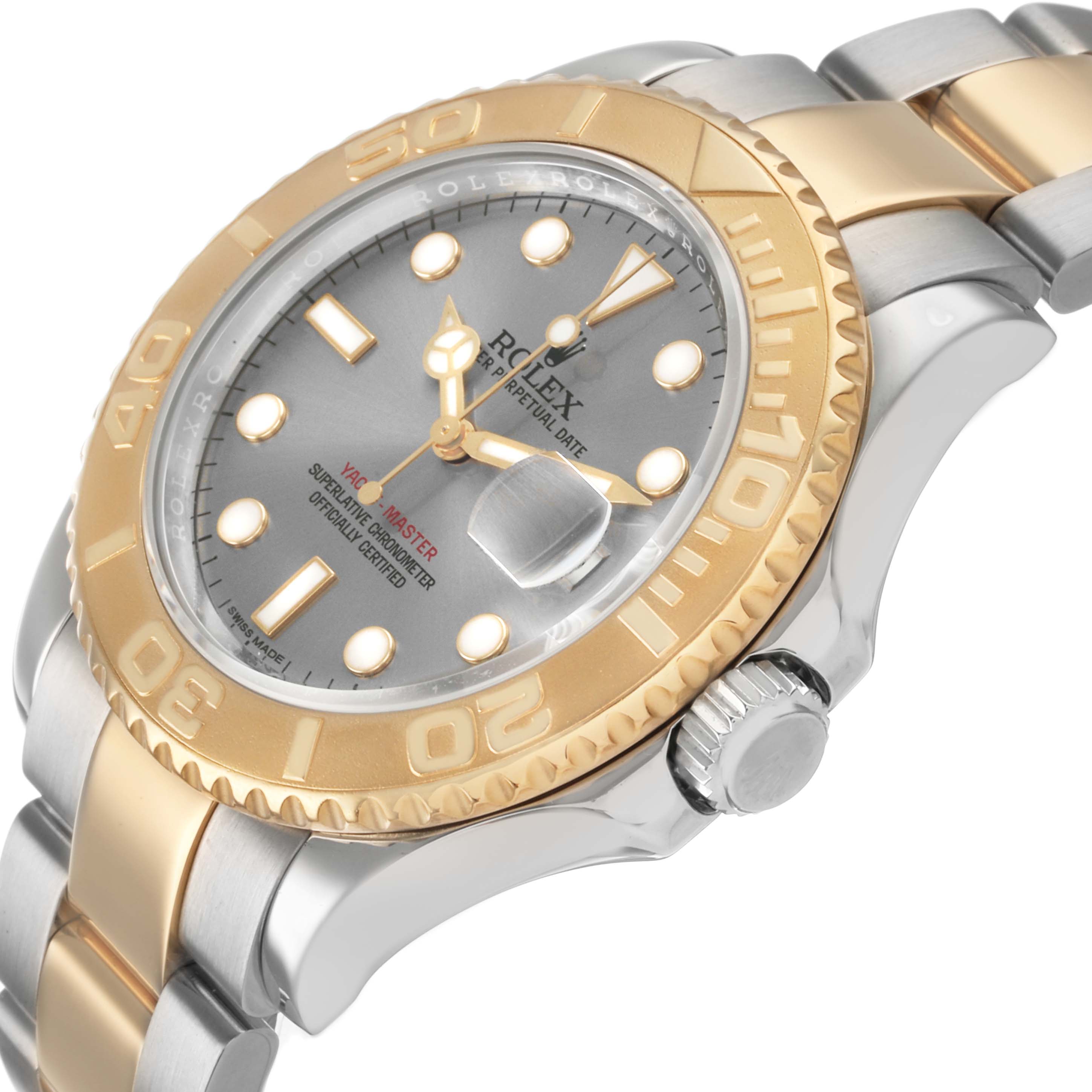 The Rolex Yacht-Master 16623 Men's Steel and Gold (two tone) Silver Dial is shown at a three-quarter angle, highlighting the bezel, dial, crown, and bracelet.