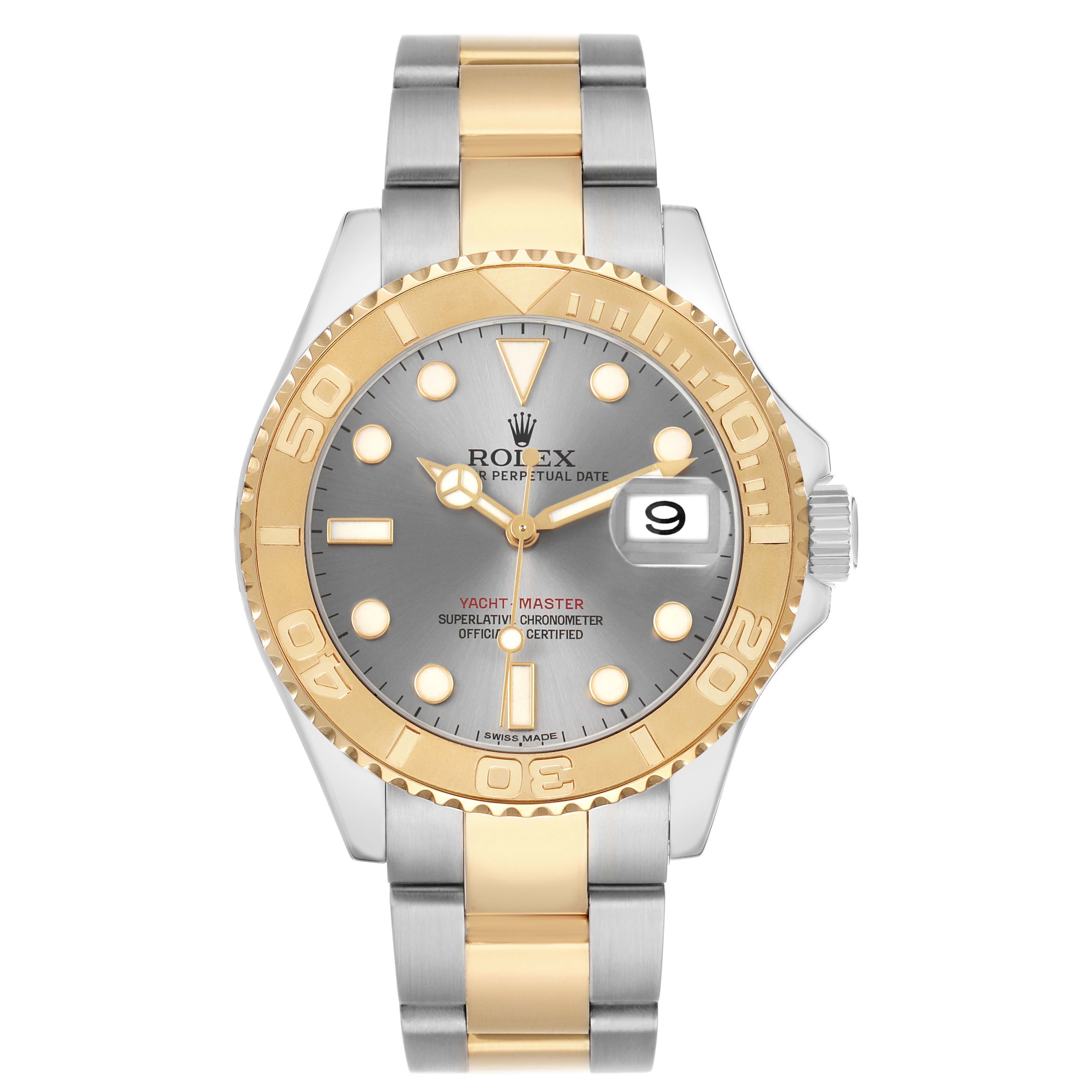 The Rolex Yacht-Master 16623 Men's Steel and Gold (two tone) Silver Dial watch is shown from the front, displaying the dial, bezel, and bracelet.