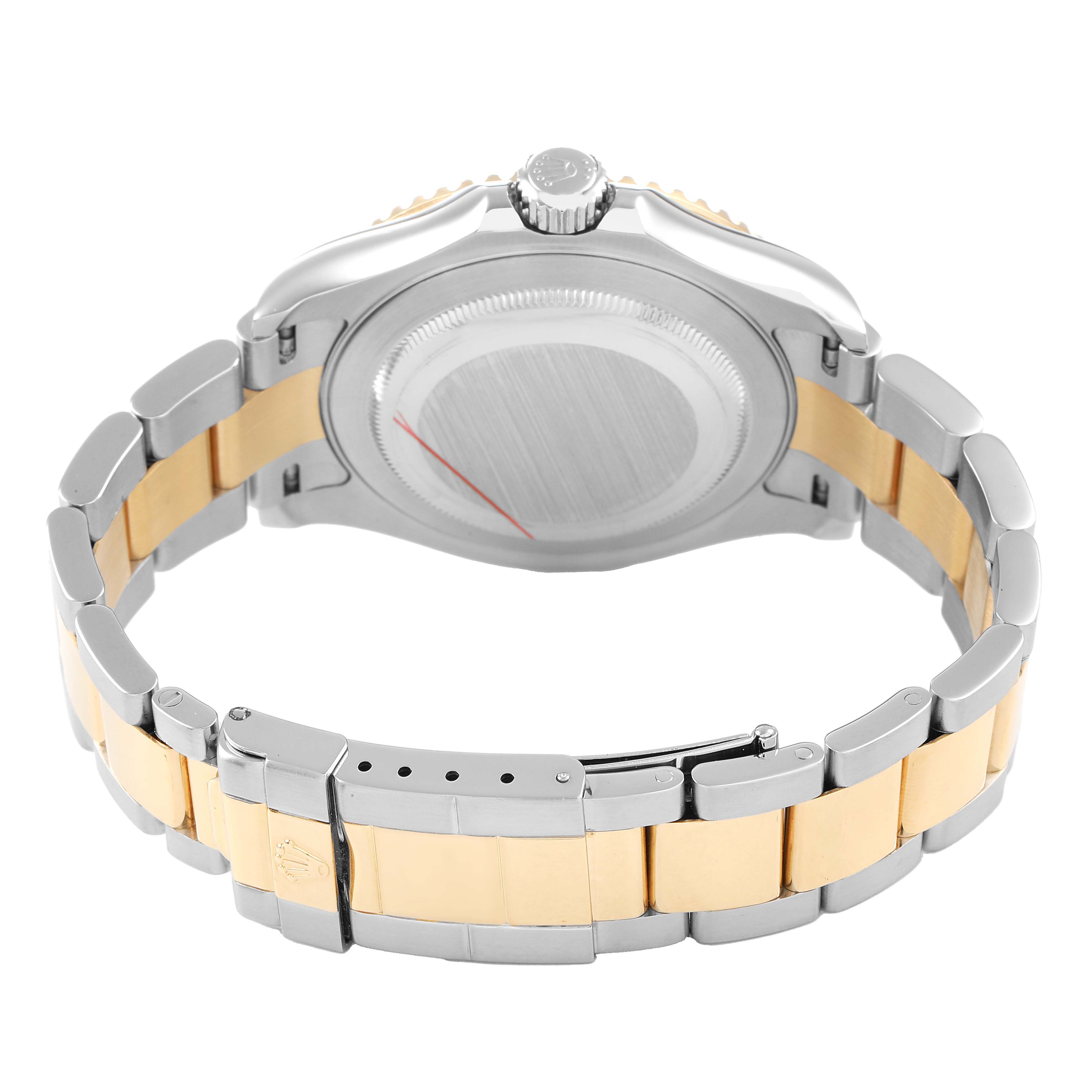 The image shows the back and side view of a Rolex Yacht-Master 16623 Men's Stainless Steel White Dial watch, highlighting the two-tone bracelet and clasp.