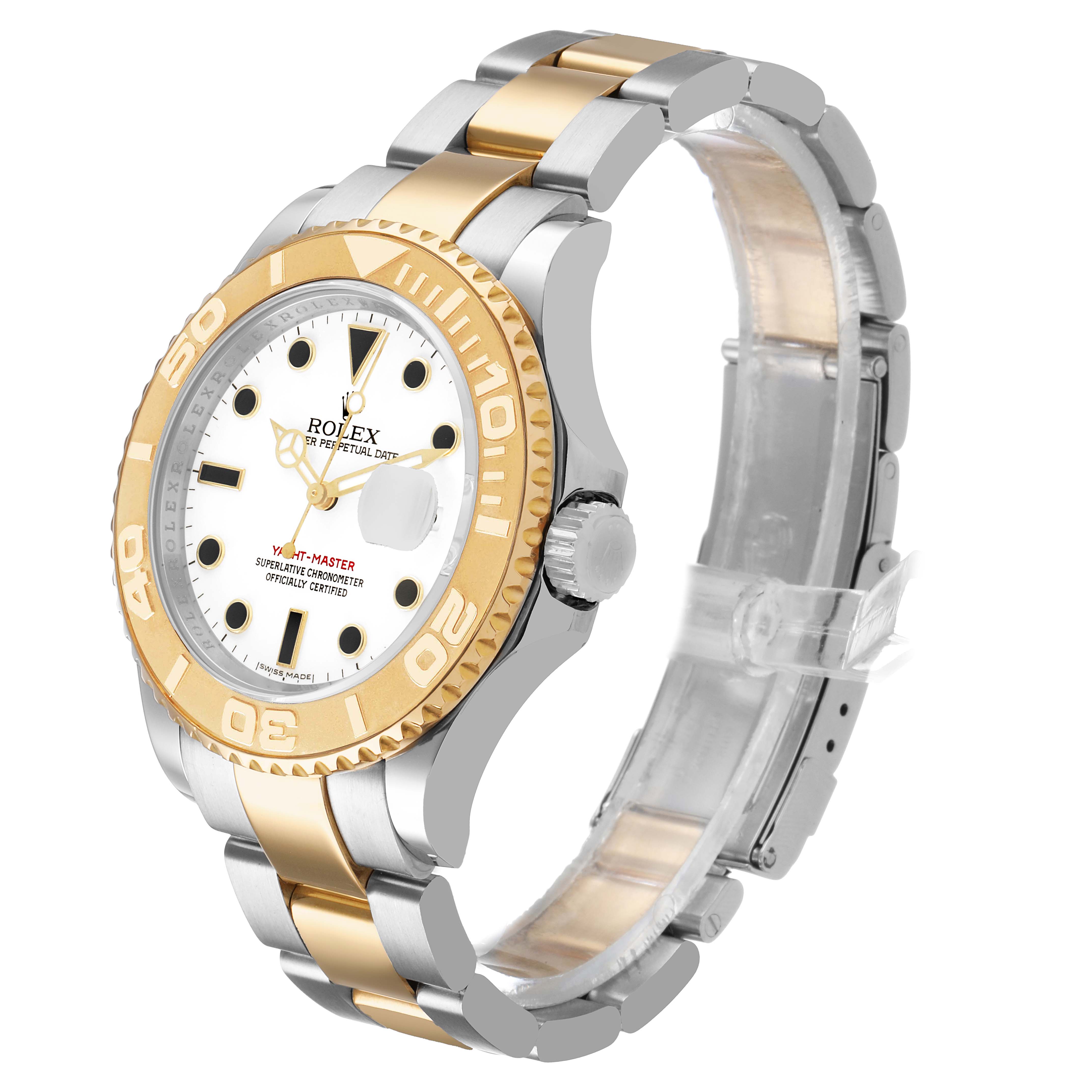 The Rolex Yacht-Master 16623 Men's Stainless Steel White Dial watch is shown at a three-quarter angle, highlighting the bezel, dial, crown, and bracelet.