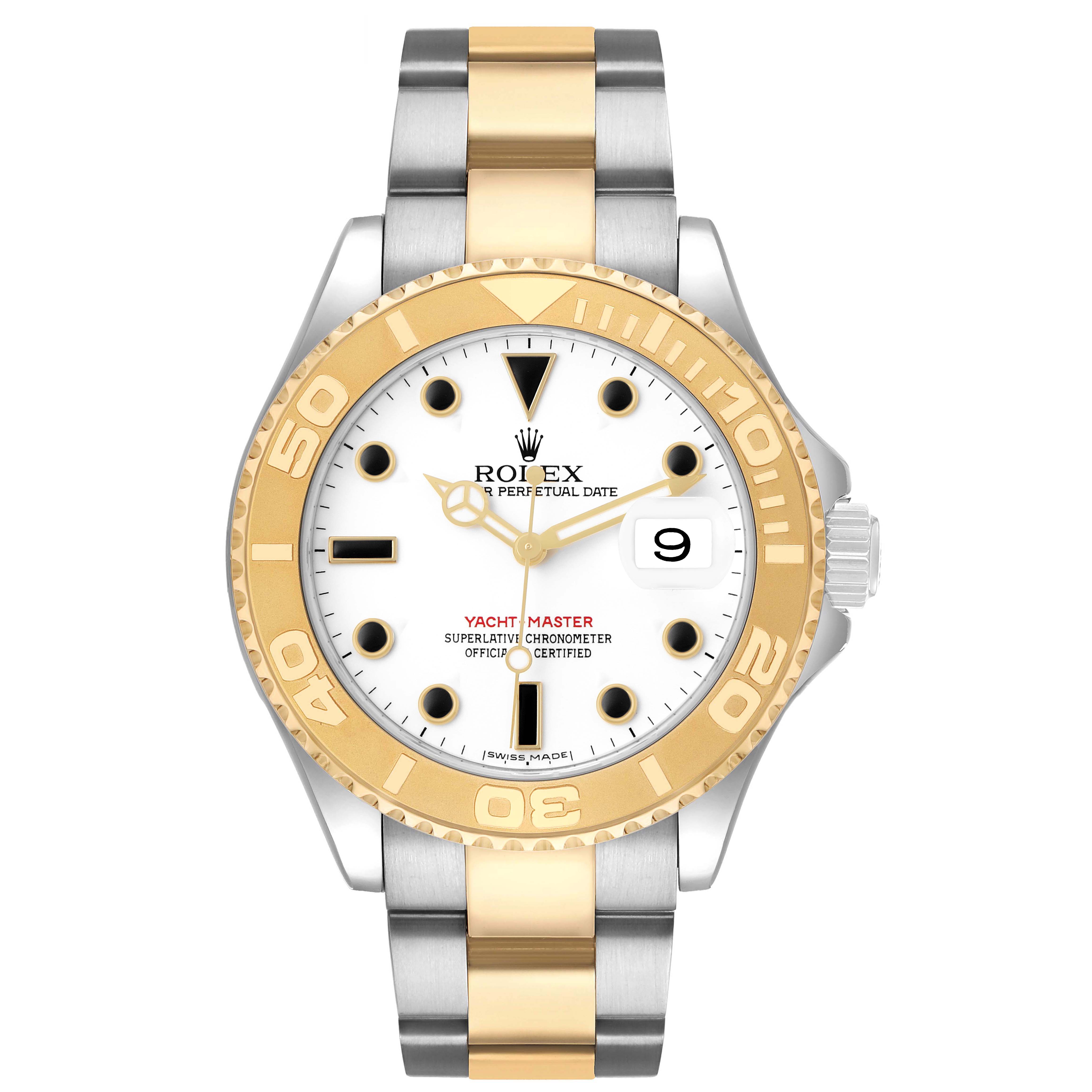 The Rolex Yacht-Master 16623 Men's Stainless Steel White Dial is shown from the front, highlighting the dial, bezel, case, and bracelet.