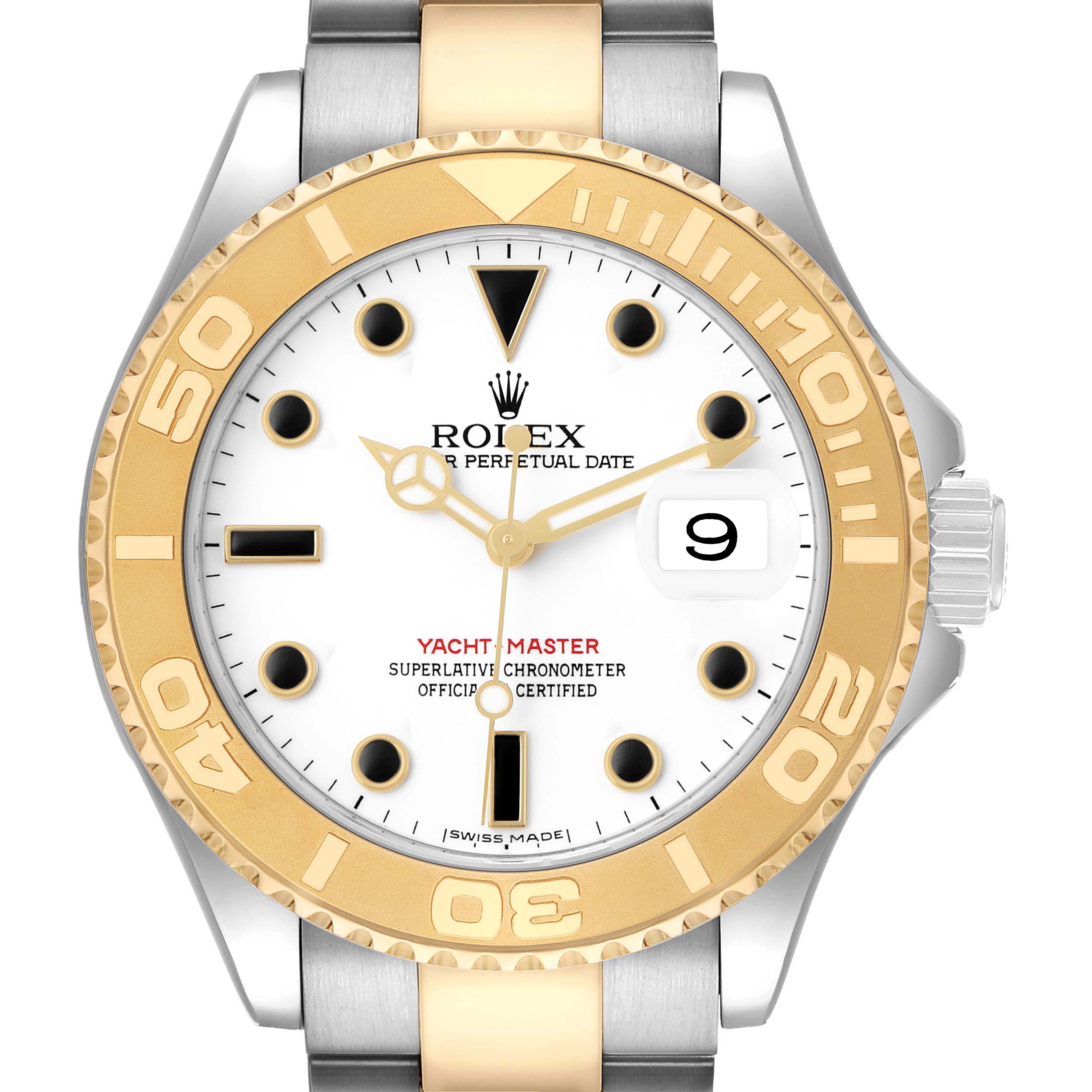The Rolex Yacht-Master 16623 Men's Stainless Steel White Dial watch is shown from the front, highlighting the bezel, dial, and bracelet.