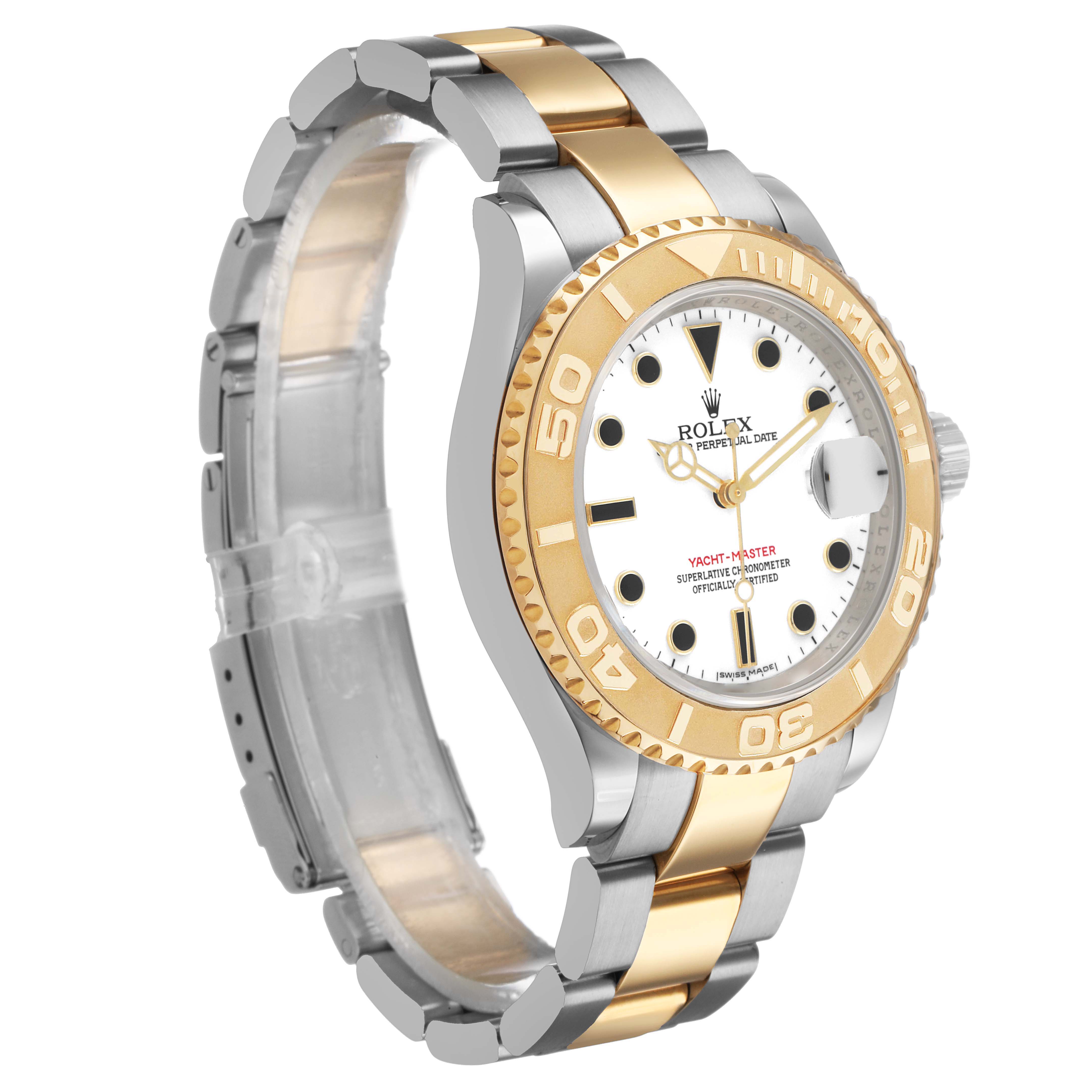 The Rolex Yacht-Master 16623 Men's Stainless Steel White Dial watch is shown at a three-quarter angle, displaying the bezel, dial, bracelet, and crown.