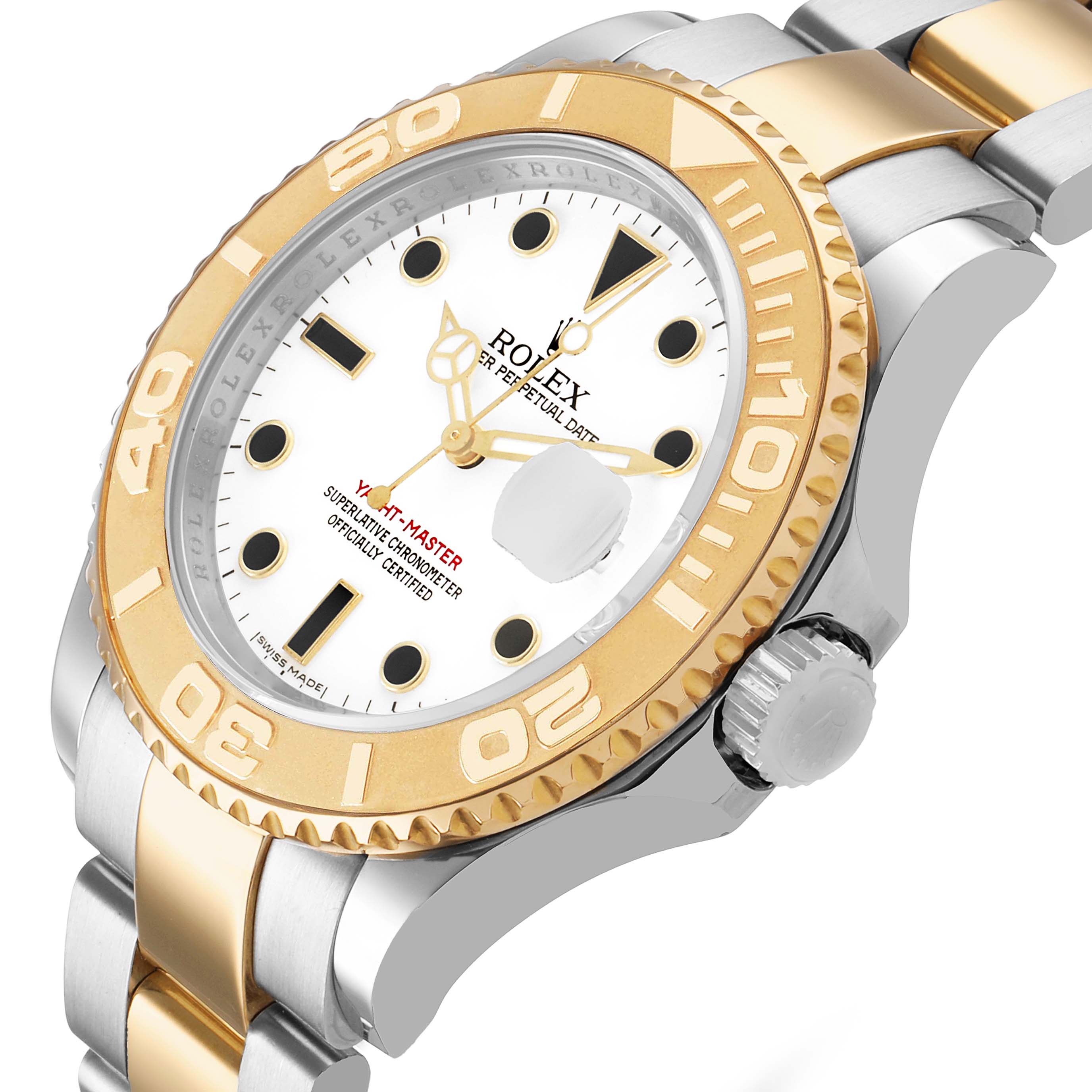 The Rolex Yacht-Master 16623 Men's Stainless Steel White Dial is shown at an angle highlighting the bezel, crown, bracelet, and part of the face with the date magnifier.