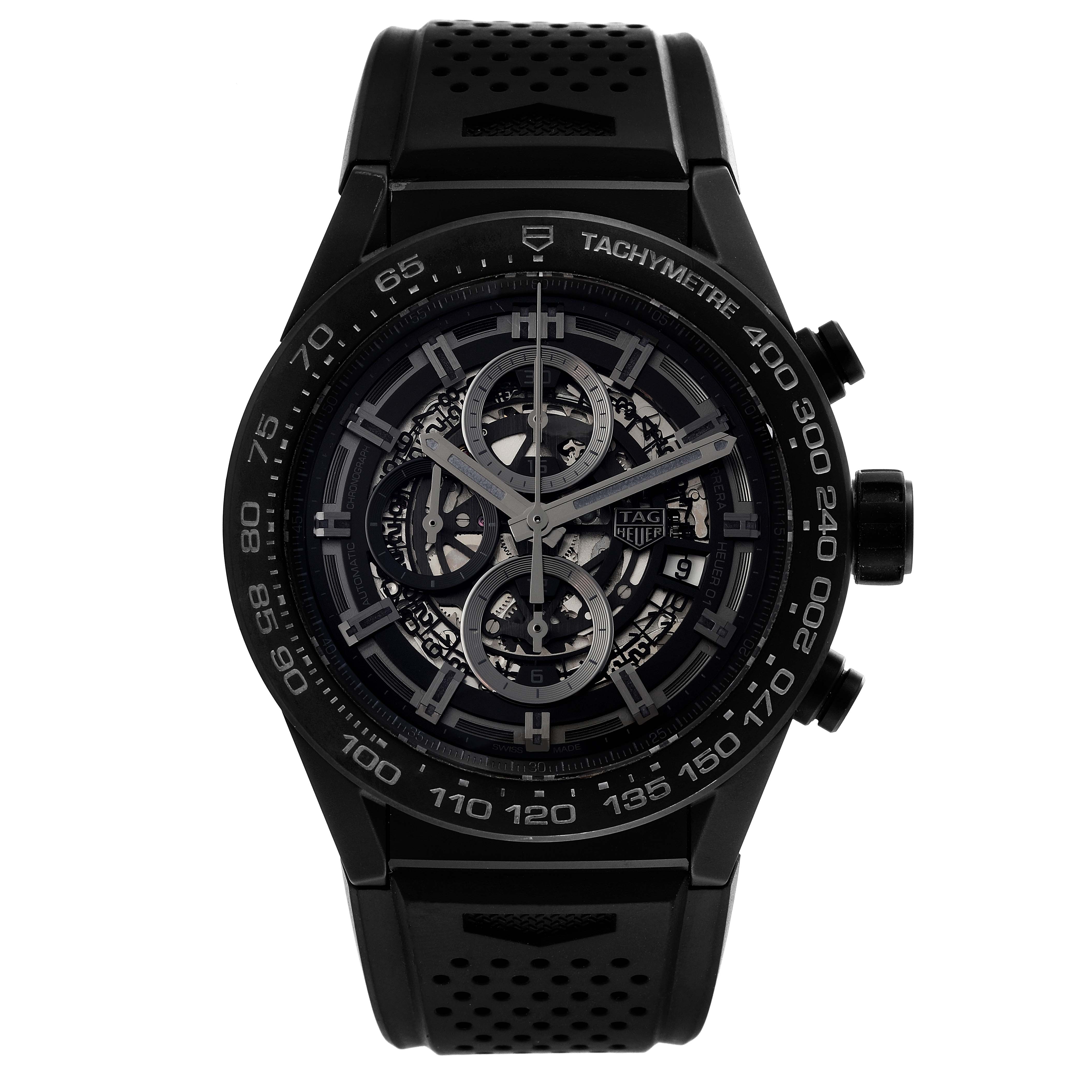 This image shows a front view of the Tag Heuer Carrera CAR2A91 Men's Ceramic Black Dial CAR2A91 Men's Ceramic Black Dial watch, highlighting its dial and tachymeter bezel.