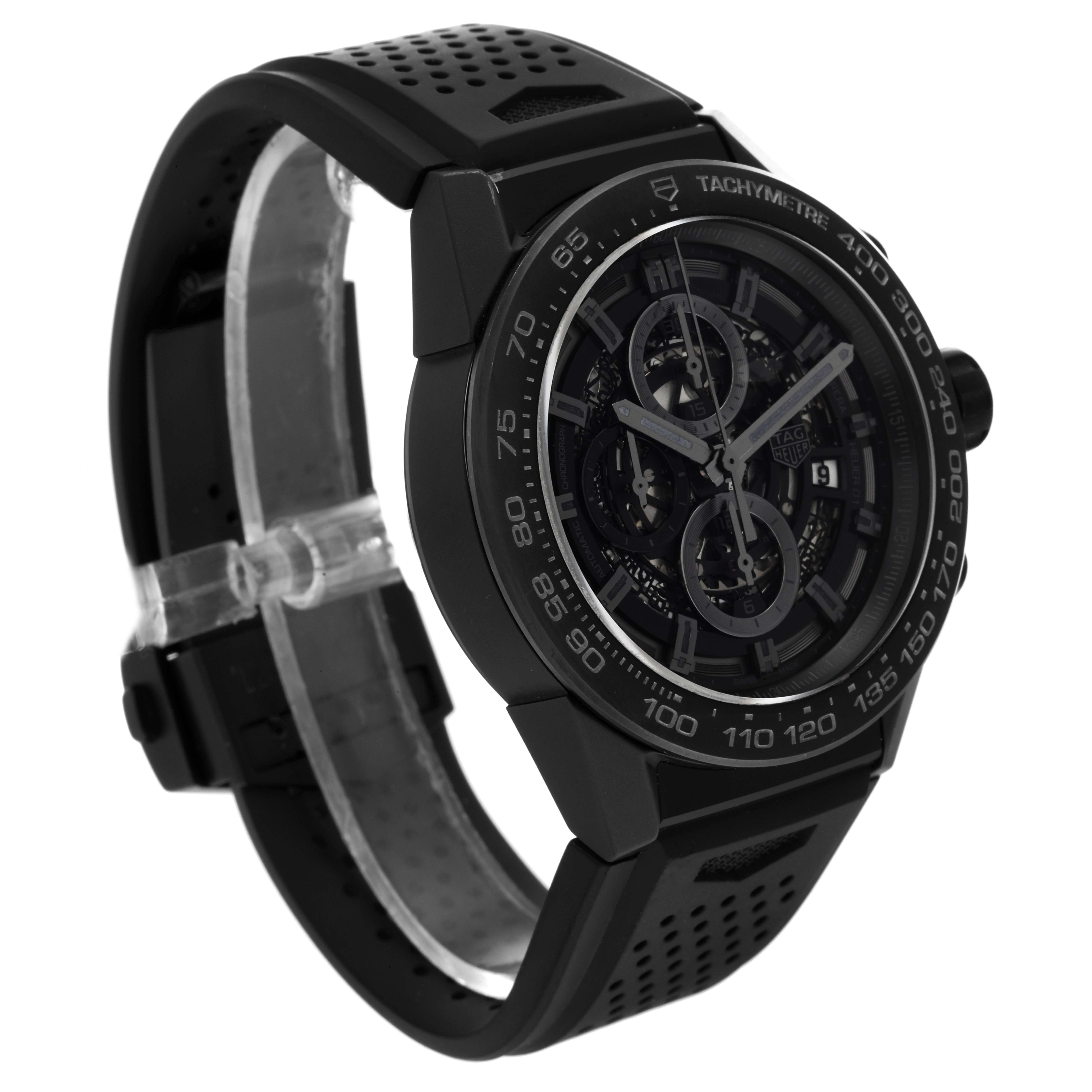 The Tag Heuer Carrera CAR2A91 Men's Ceramic Black Dial CAR2A91 Men's Ceramic Black Dial watch is shown at a three-quarter angle, highlighting its dial, bezel, and strap.