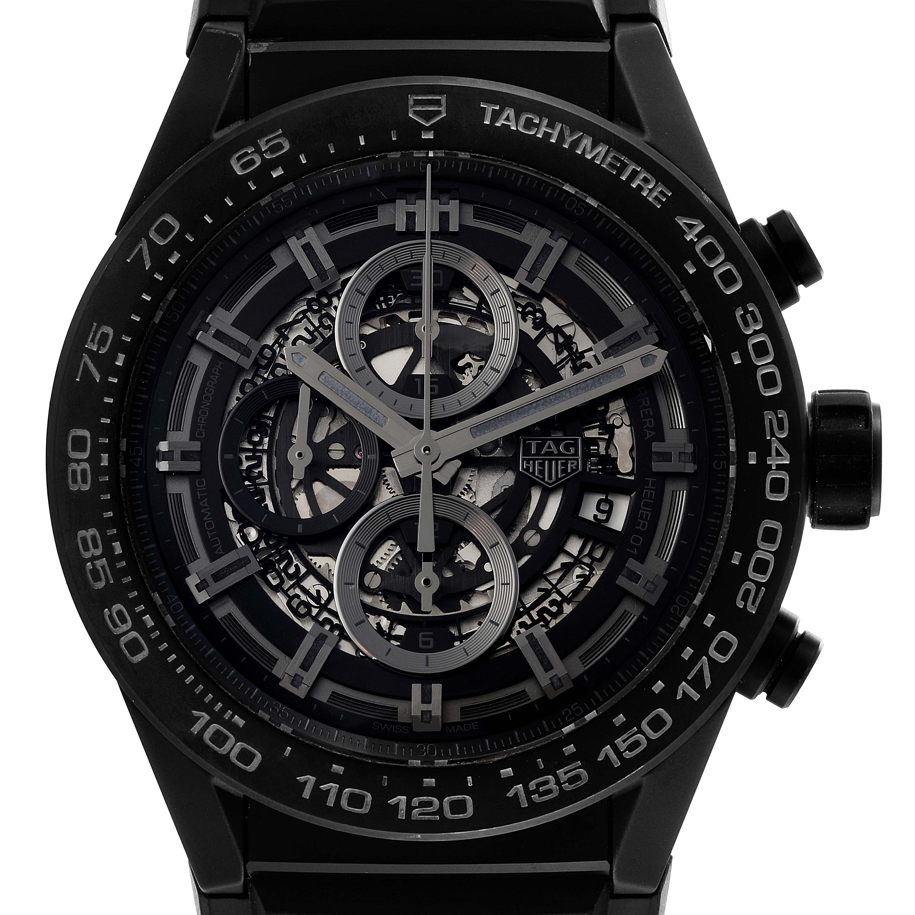 The image shows a close-up view of the dial and bezel of a Tag Heuer Carrera CAR2A91 Men's Ceramic Black Dial CAR2A91 Men's Ceramic Black Dial watch.