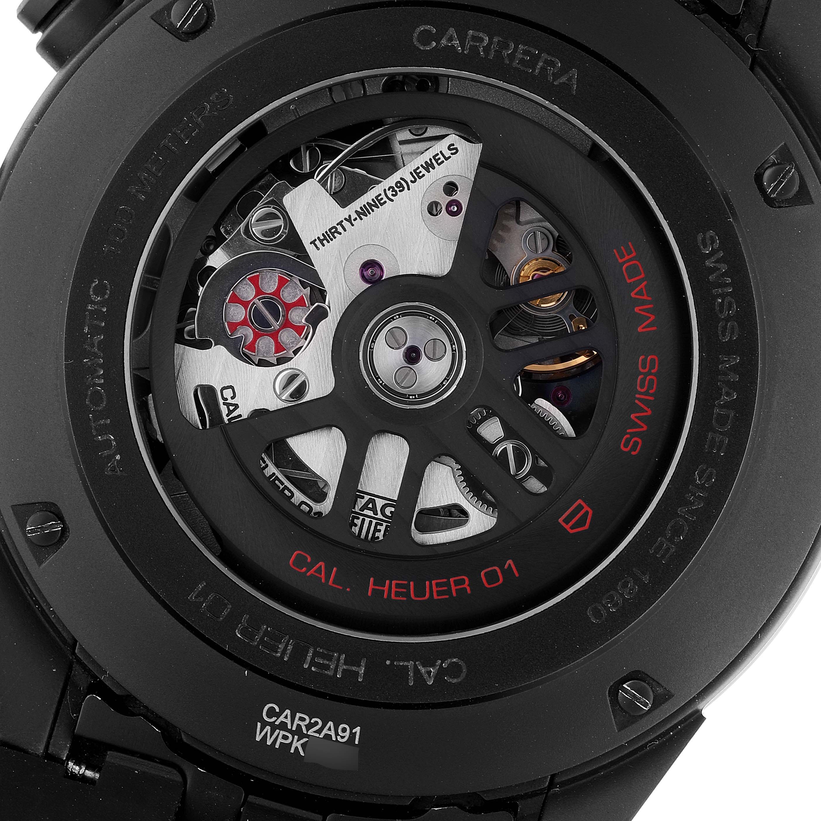 The image shows the back view of a Tag Heuer Carrera CAR2A91 Men's Ceramic Black Dial CAR2A91 Men's Ceramic Black Dial watch, revealing its intricate automatic movement and inner components.
