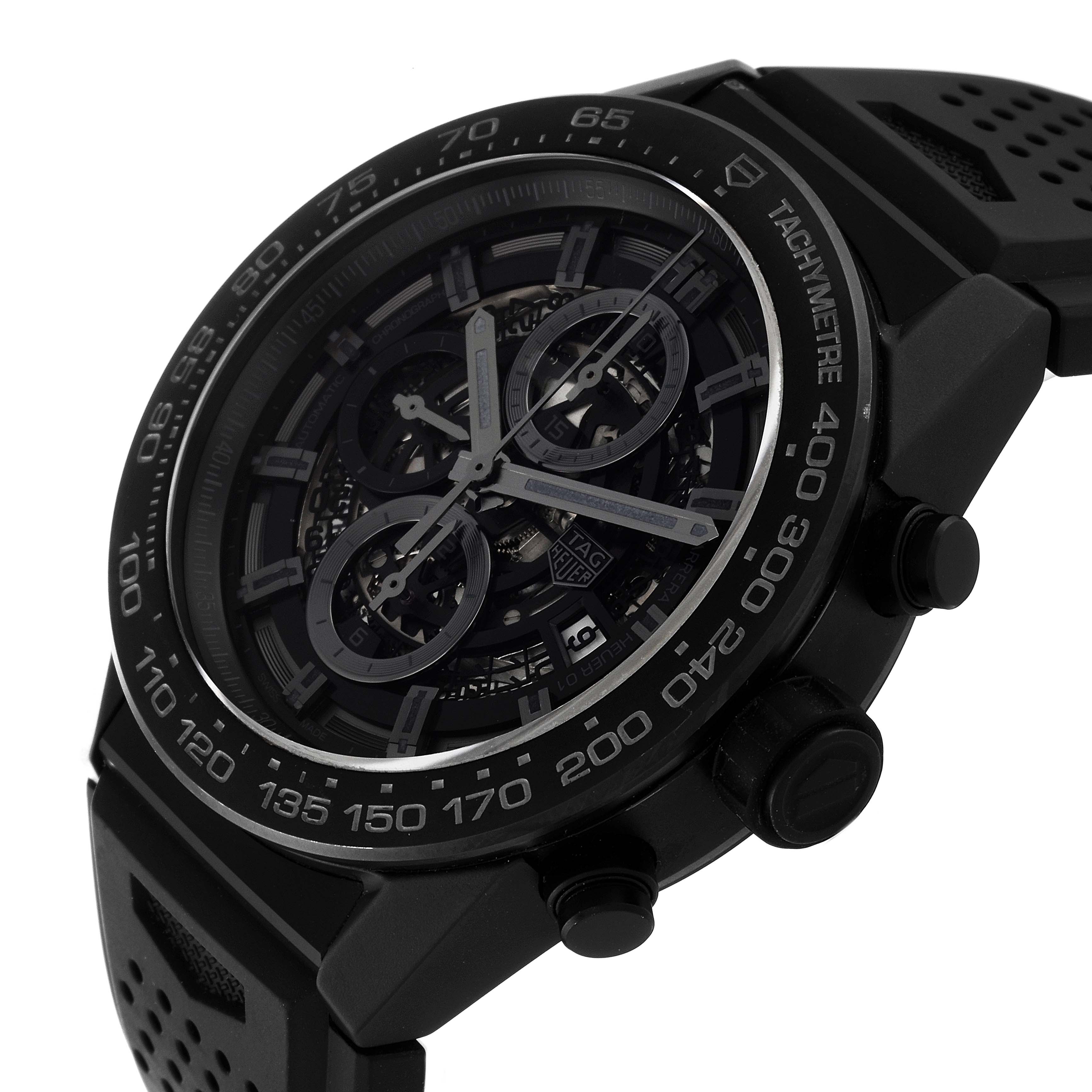 The image shows a Tag Heuer Carrera CAR2A91 Men's Ceramic Black Dial CAR2A91 Men's Ceramic Black Dial watch, viewed from an angle highlighting the face, bezel, and side buttons.