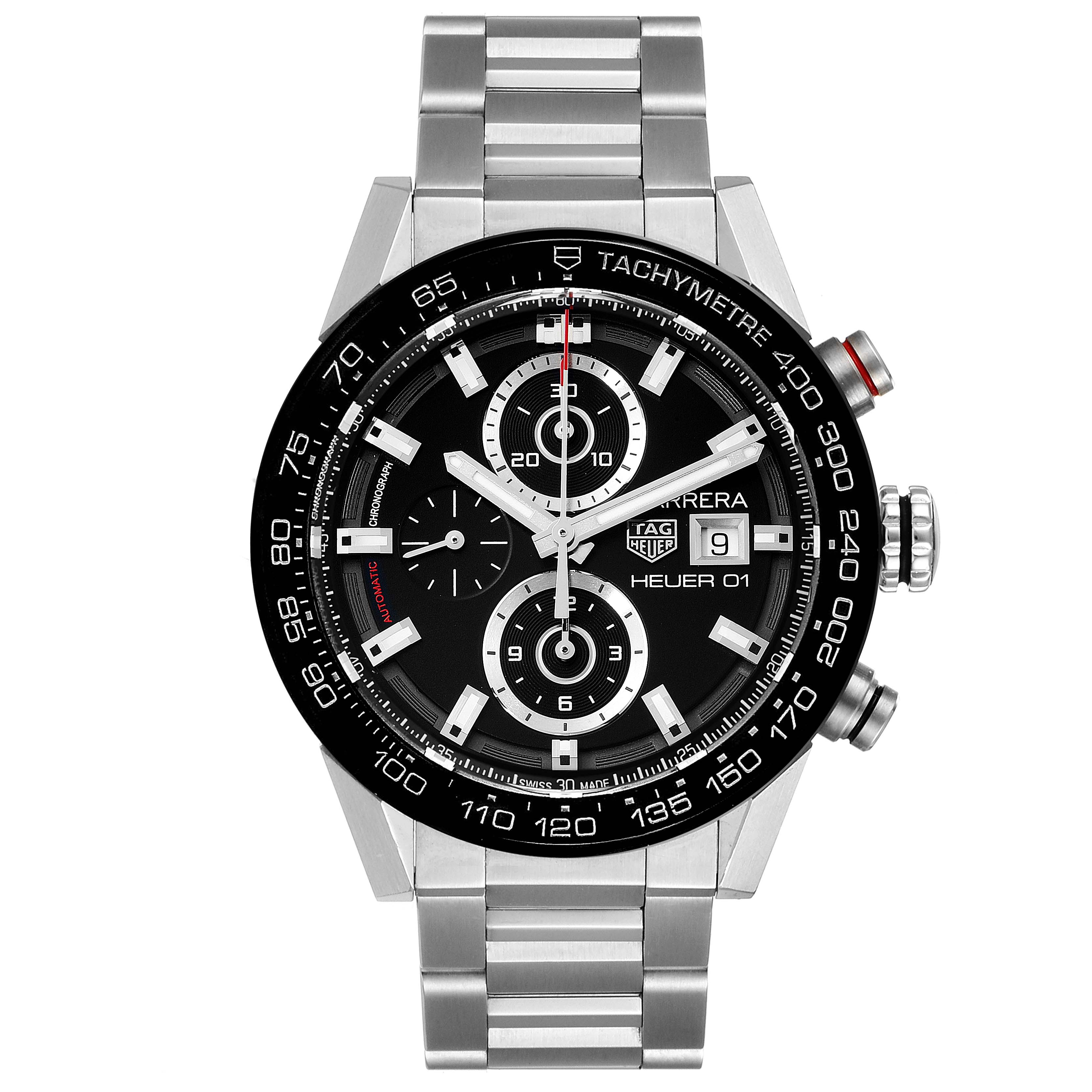 The image shows a front view of the Tag Heuer Carrera CAR201Z.BA0714 Men's Stainless Steel Black Dial CAR201Z.BA0714 Men's Stainless Steel Black Dial watch, displaying the dial, bezel, crown, and bracelet.