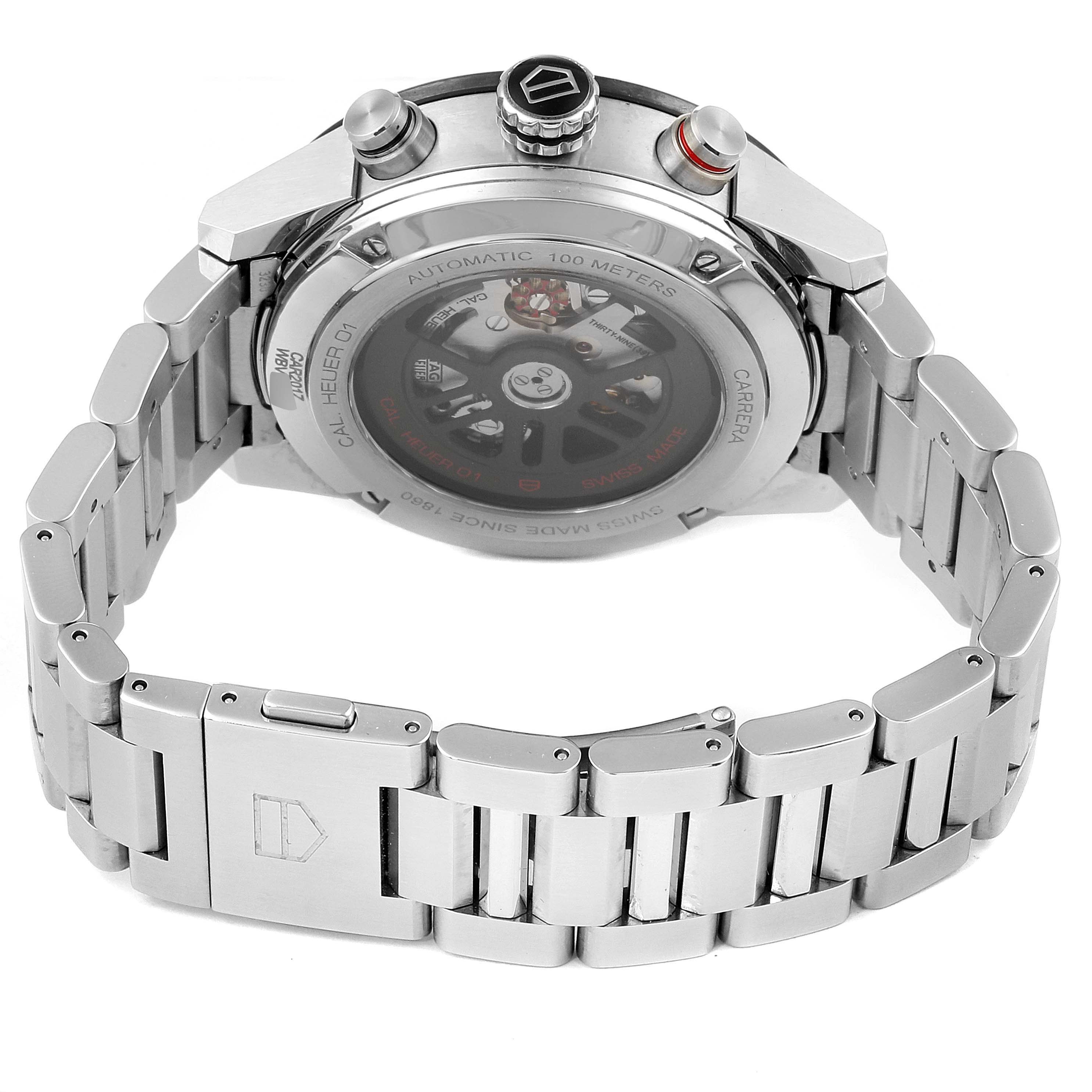 This image shows the back view of a Tag Heuer Carrera CAR201Z.BA0714 Men's Stainless Steel Black Dial CAR201Z.BA0714 Men's Stainless Steel Black Dial watch, highlighting its automatic movement and stainless steel bracelet.
