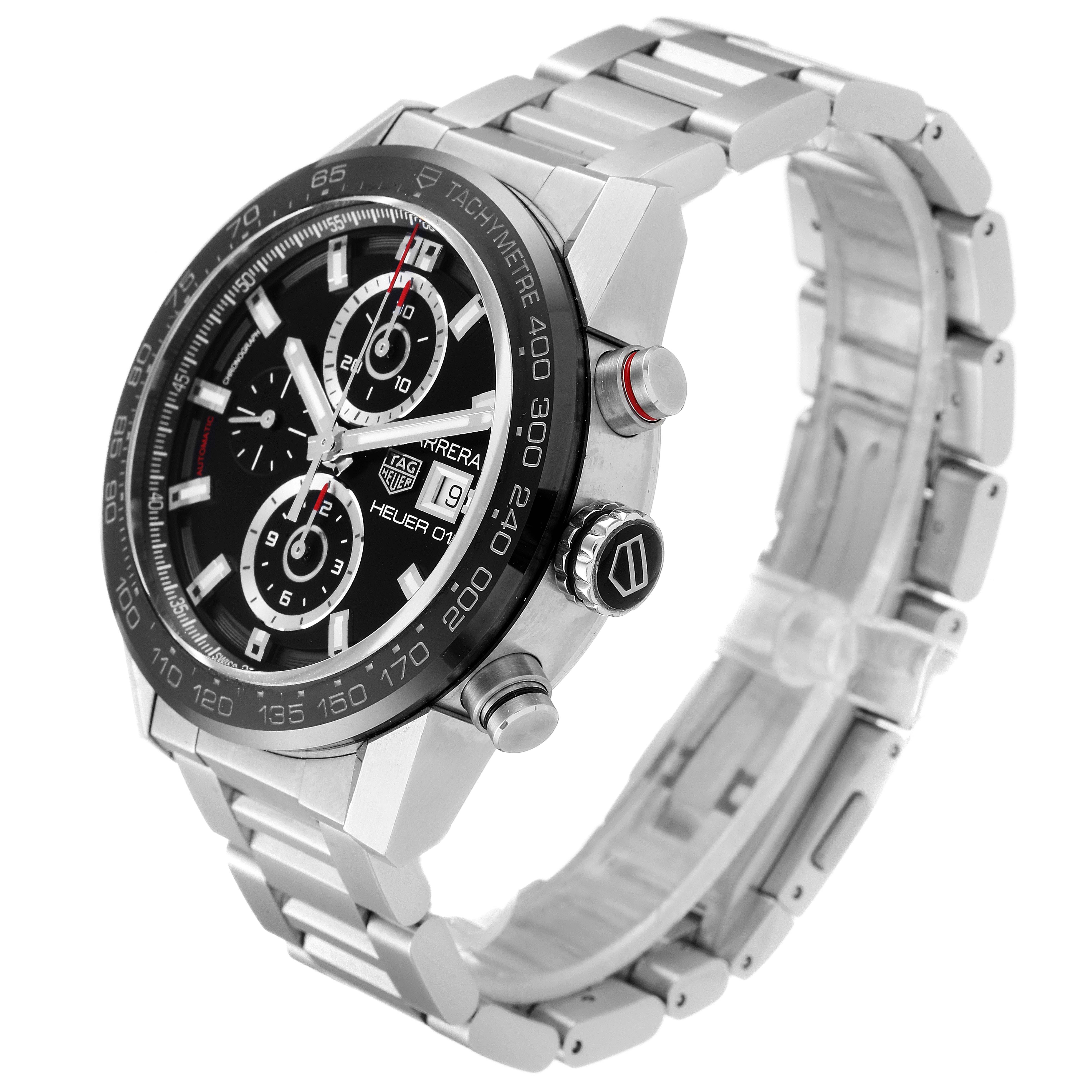 The Tag Heuer Carrera CAR201Z.BA0714 Men's Stainless Steel Black Dial CAR201Z.BA0714 Men's Stainless Steel Black Dial watch is shown at a three-quarter angle, highlighting the face, bezel, chronograph buttons, and metal bracelet.