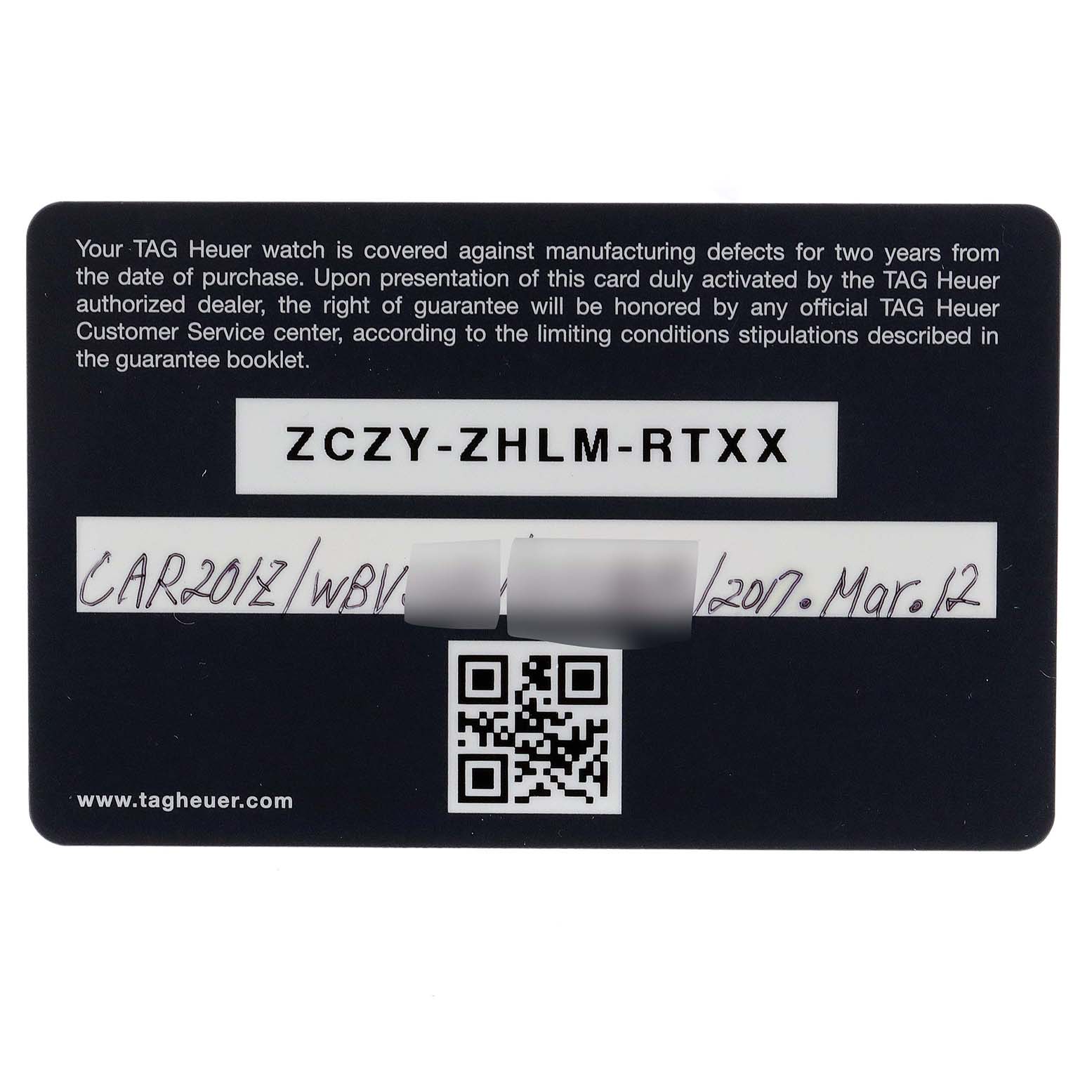 The image shows a warranty card for a Tag Heuer Carrera CAR201Z.BA0714 Men's Stainless Steel Black Dial CAR201Z.BA0714 Men's Stainless Steel Black Dial model watch with a serial number, date of purchase, and QR code.