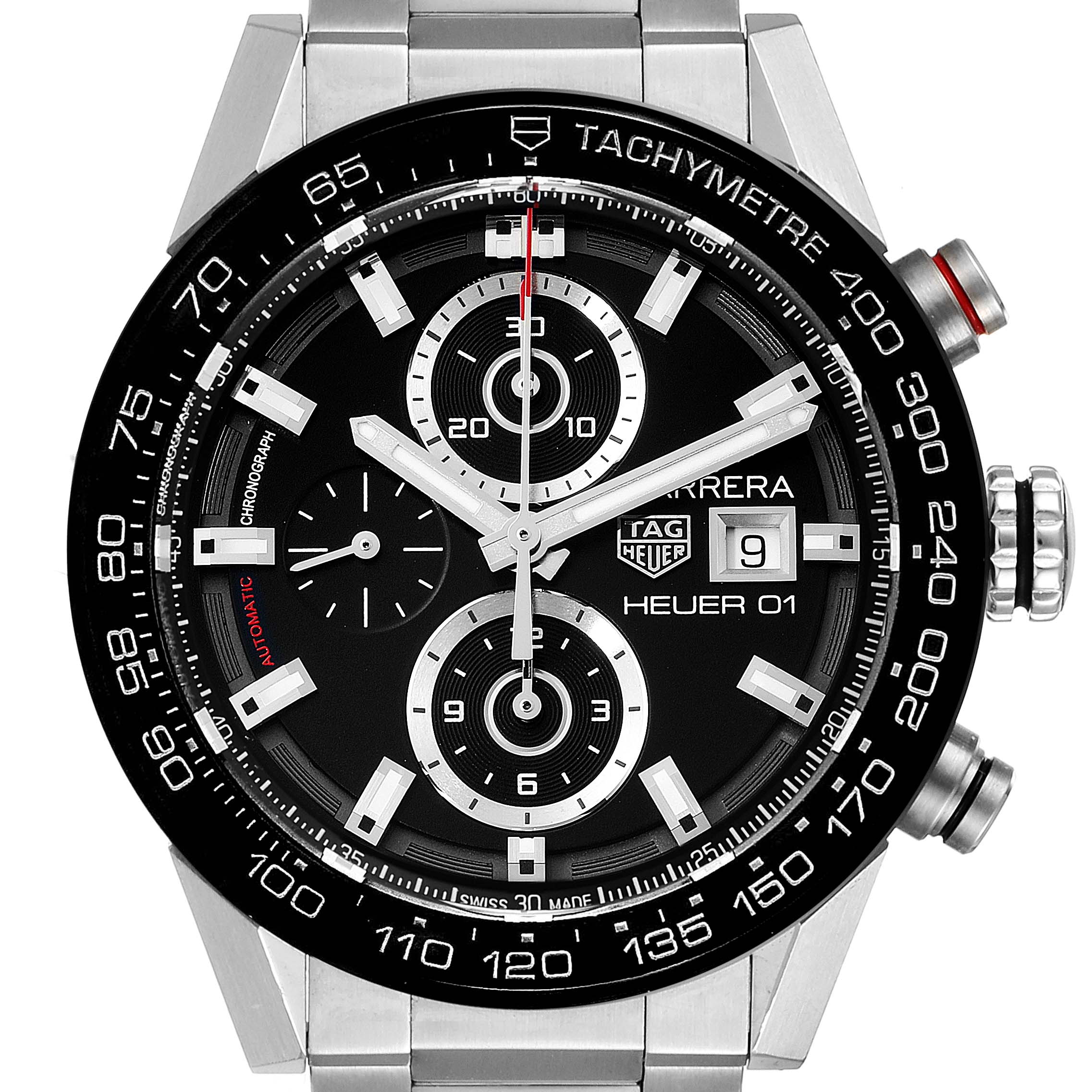 The image shows a head-on view of a Tag Heuer Carrera CAR201Z.BA0714 Men's Stainless Steel Black Dial CAR201Z.BA0714 Men's Stainless Steel Black Dial model watch, highlighting its face, bezel, subdials, and crown.