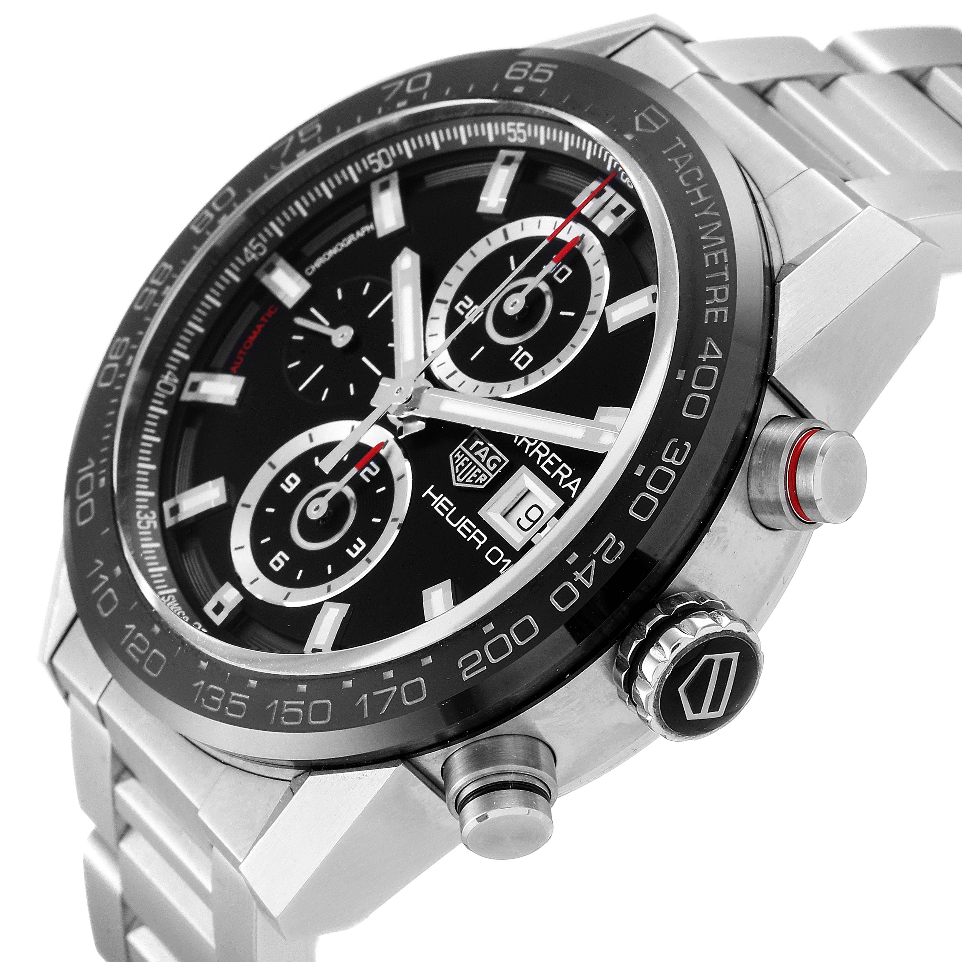 The image shows a close-up angle of the Tag Heuer Carrera CAR201Z.BA0714 Men's Stainless Steel Black Dial CAR201Z.BA0714 Men's Stainless Steel Black Dial watch, highlighting its dial, subdials, crown, and side buttons.