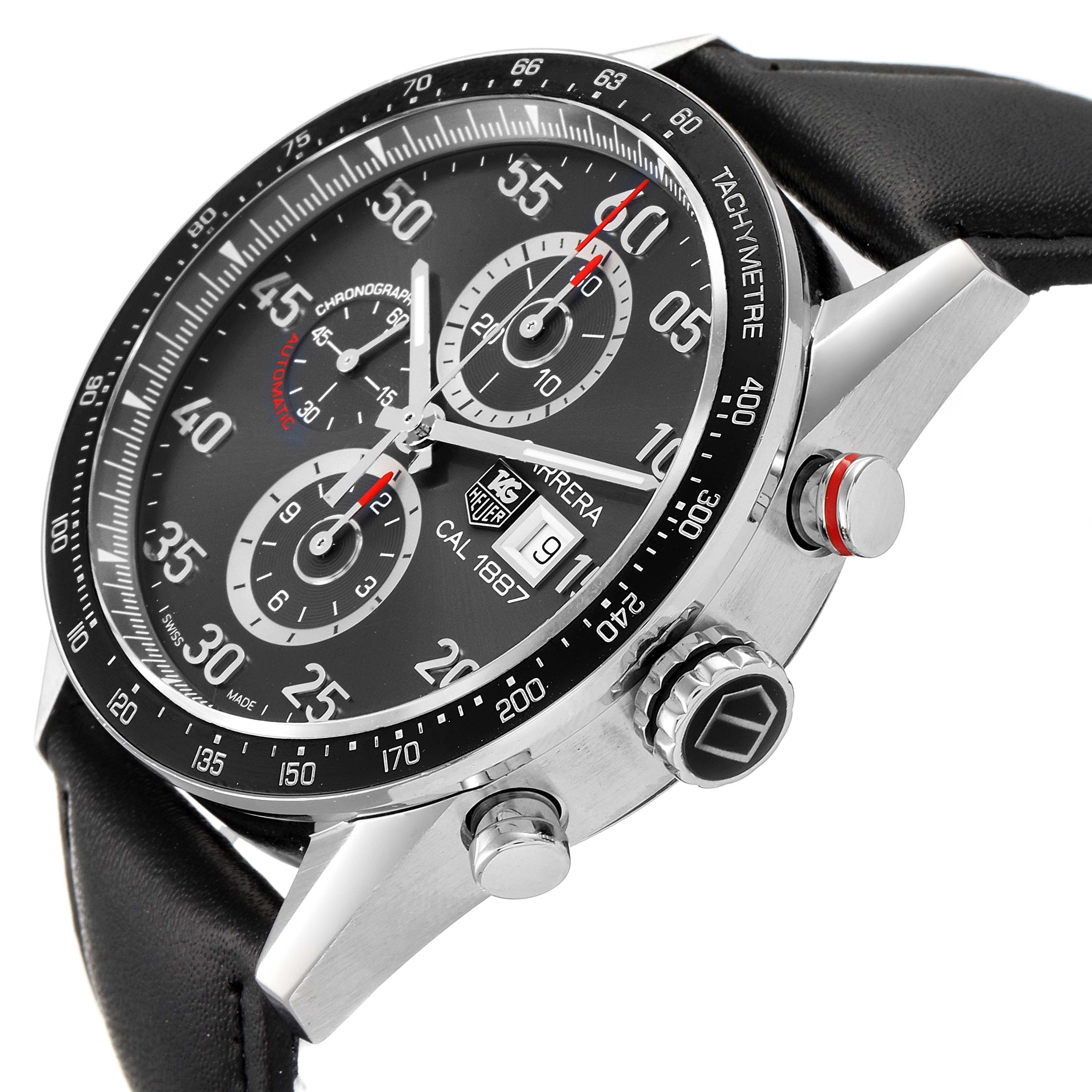 The Tag Heuer Carrera CAR2A11.BA0799 Men's Stainless Steel Grey Dial CAR2A11.BA0799 Men's Stainless Steel Grey Dial watch is shown at a slight side angle, highlighting the chronograph dials, tachymetre bezel, and crown.