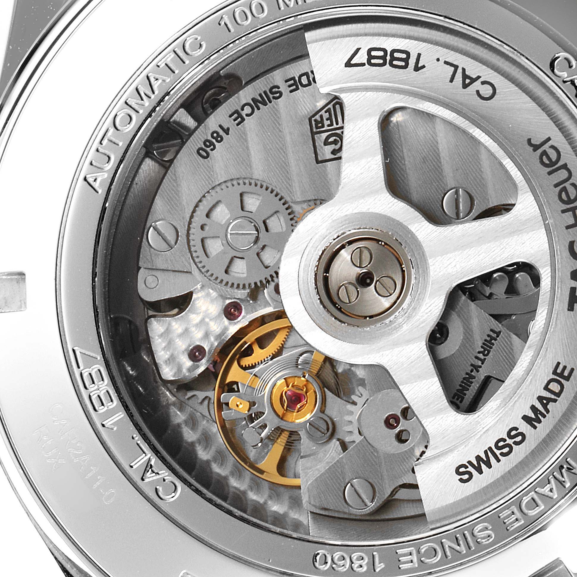 This image shows the back view of the Tag Heuer Carrera CAR2A11.BA0799 Men's Stainless Steel Grey Dial CAR2A11.BA0799 Men's Stainless Steel Grey Dial model, revealing its automatic movement and internal mechanisms.