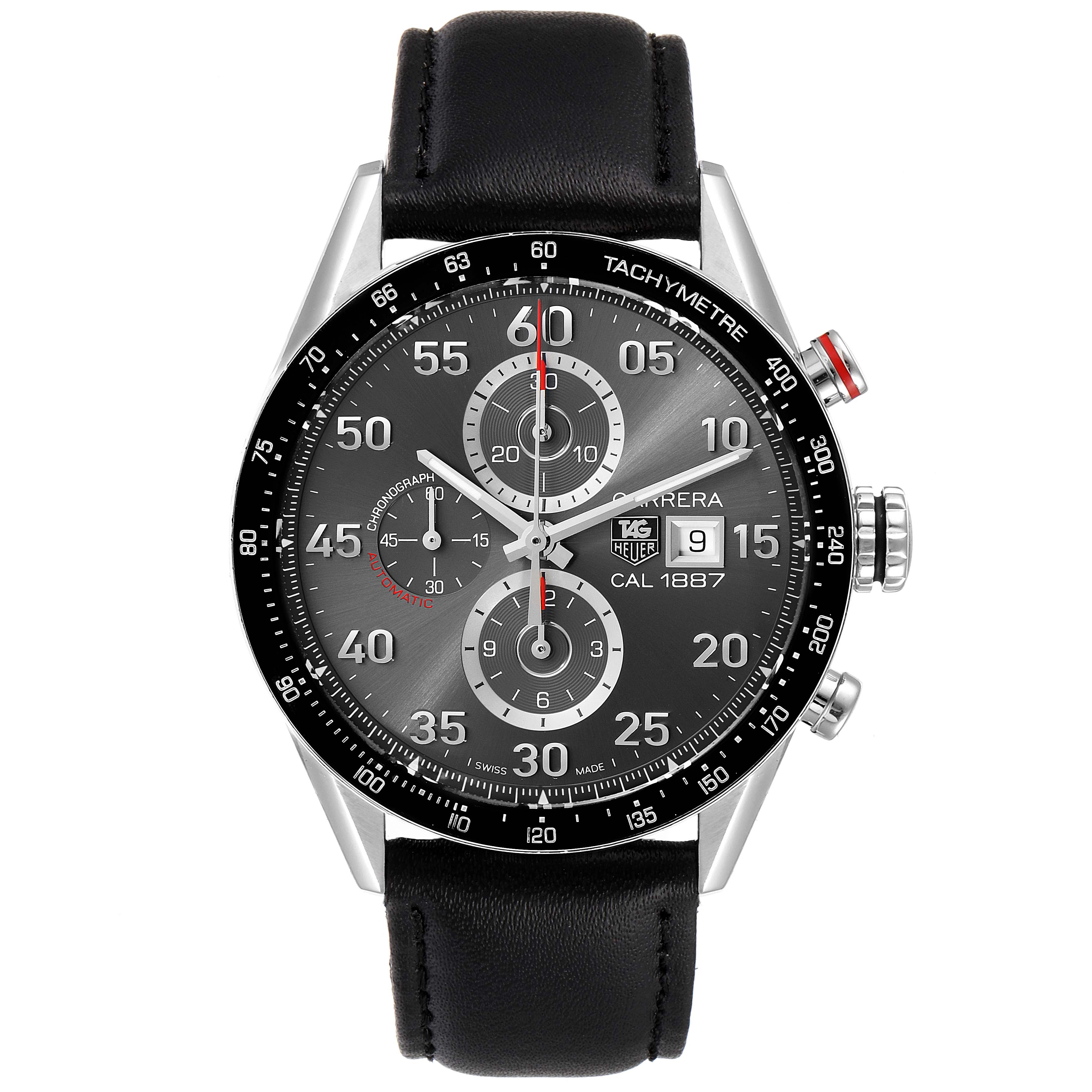 The image shows a frontal view of a Tag Heuer Carrera CAR2A11.BA0799 Men's Stainless Steel Grey Dial CAR2A11.BA0799 Men's Stainless Steel Grey Dial watch with a black leather strap and chronograph features.
