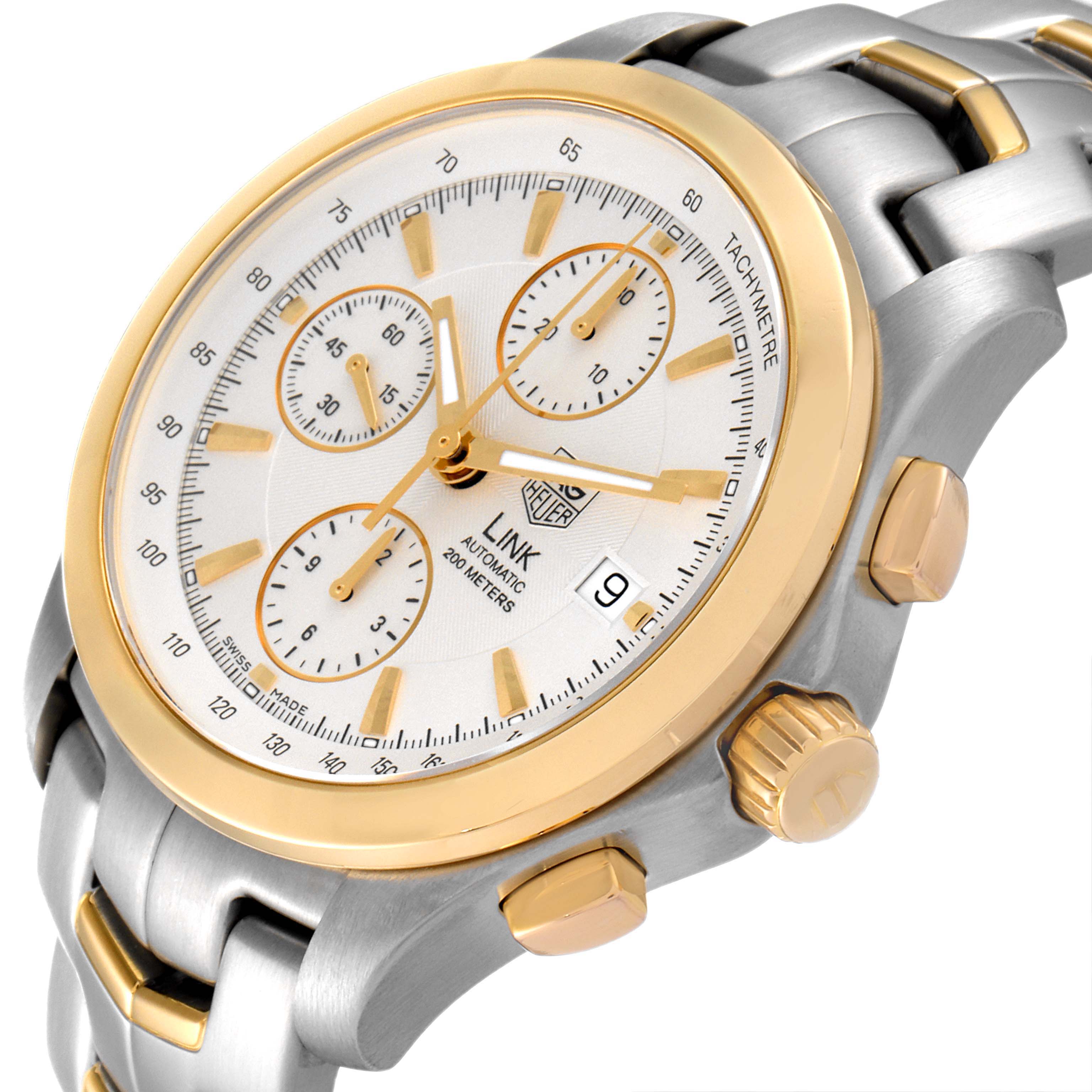 The image shows a Tag Heuer Link CJF2150.BB0595 Men's Steel and Gold (two tone) Silver Dial CJF2150.BB0595 Men's Steel and Gold (two tone) Silver Dial model watch at an angled close-up, highlighting the face, bezel, pushers, and part of the bracelet.