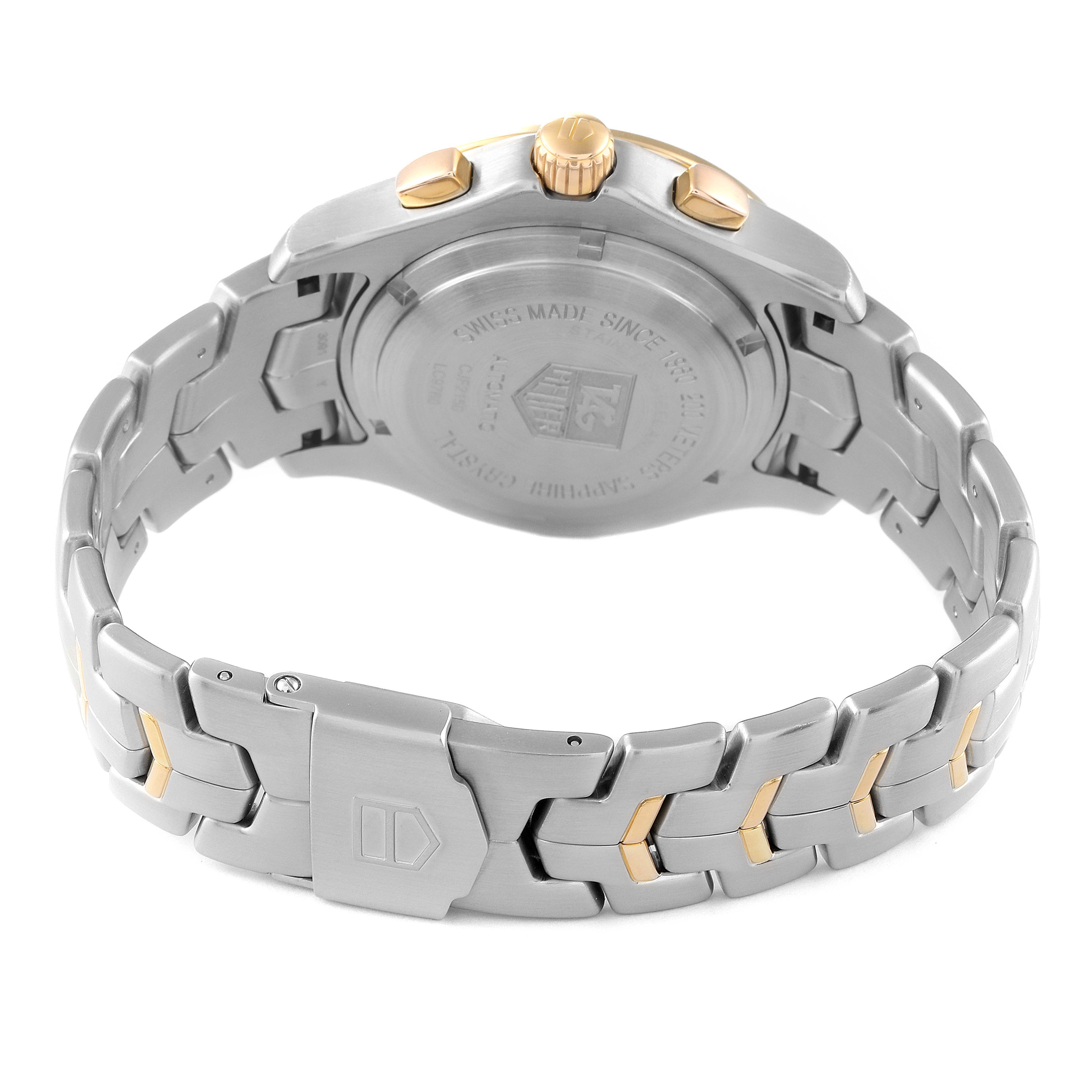 The image shows the back and clasp of the Link model by Tag Heuer, highlighting the stainless steel and gold elements.