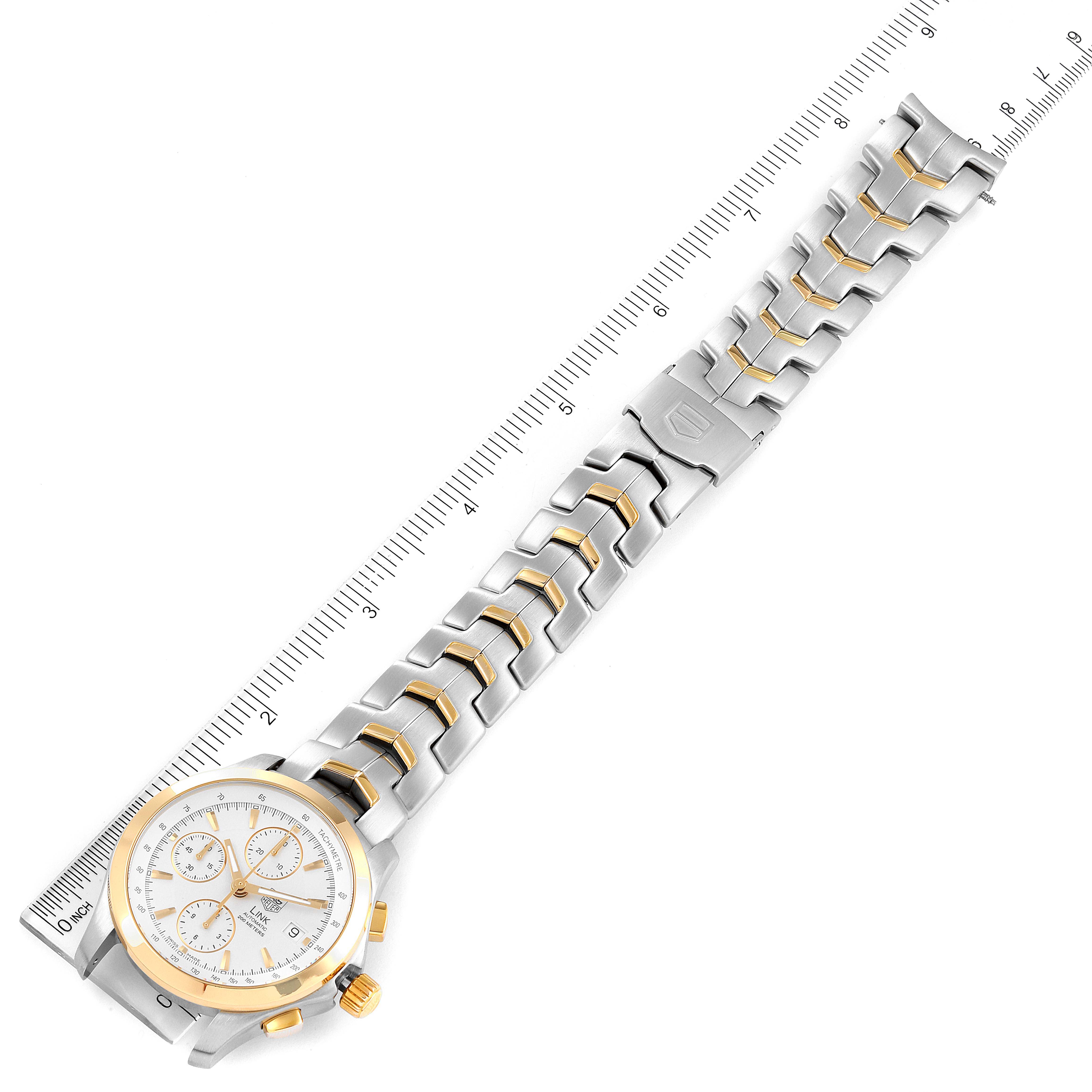 This image shows the Tag Heuer Link CJF2150.BB0595 Men's Steel and Gold (two tone) Silver Dial CJF2150.BB0595 Men's Steel and Gold (two tone) Silver Dial model watch from an angled top view, highlighting its bracelet and dial.