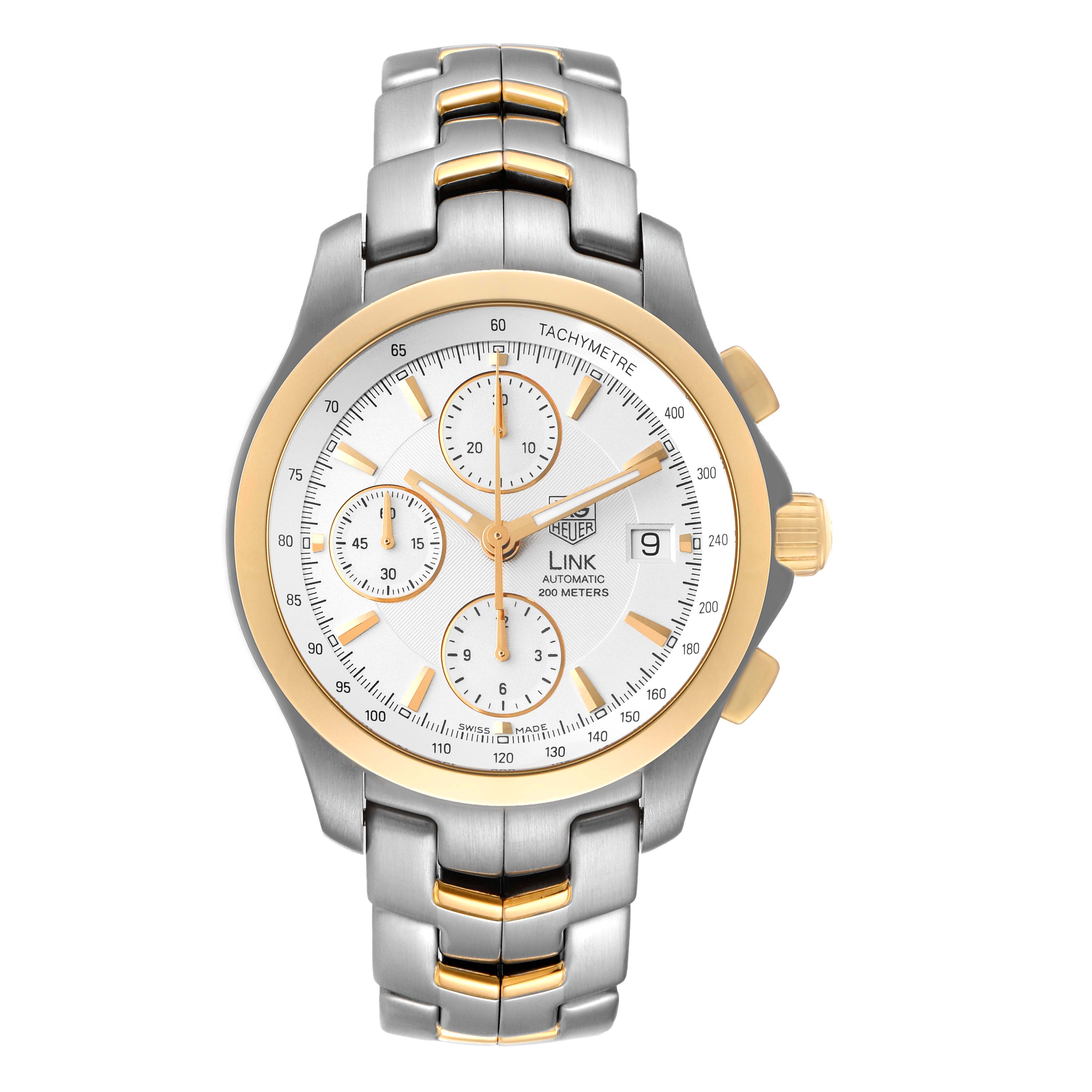 The image shows a frontal view of the Tag Heuer Link CJF2150.BB0595 Men's Steel and Gold (two tone) Silver Dial CJF2150.BB0595 Men's Steel and Gold (two tone) Silver Dial model watch, featuring its dial, bezel, band, and side buttons.