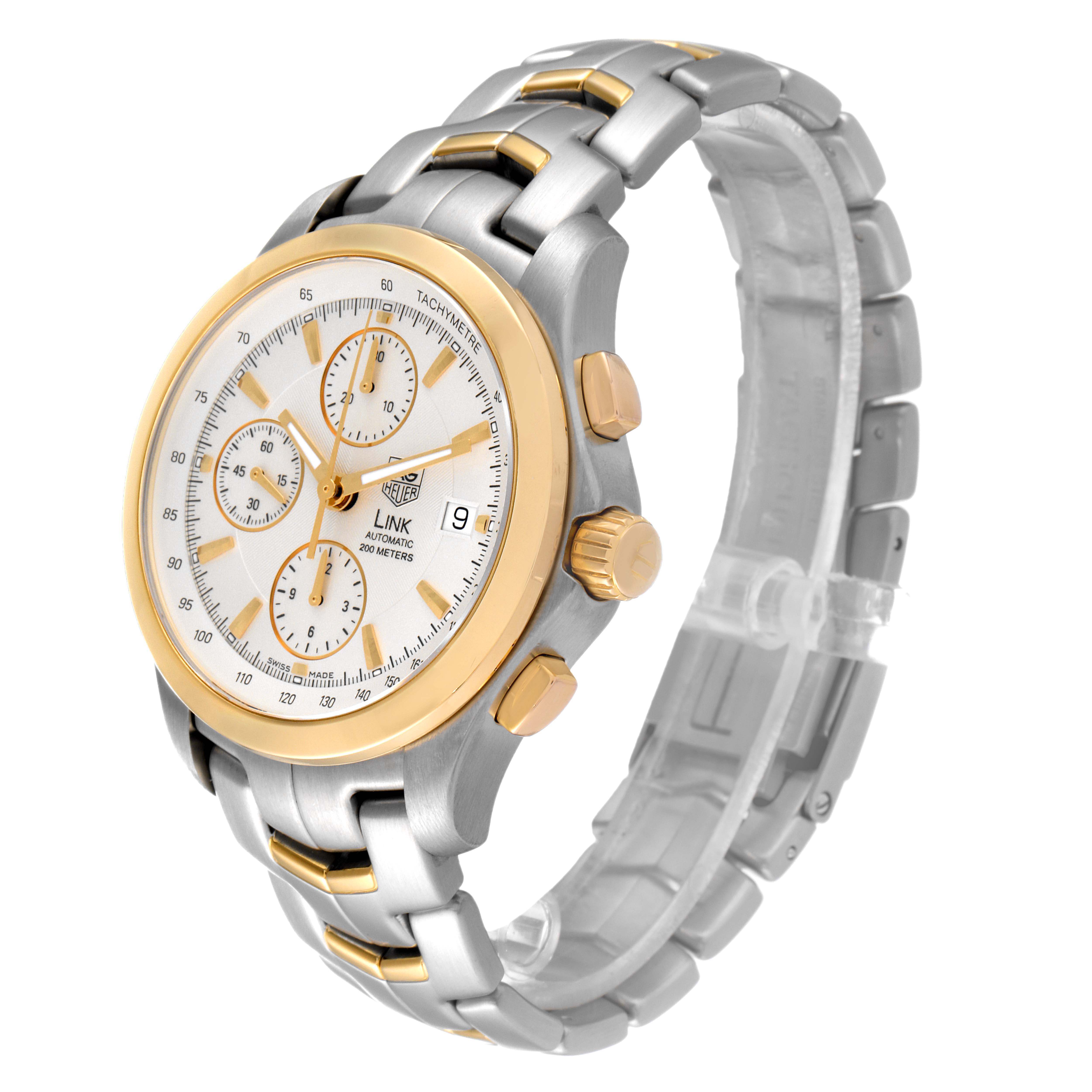 The image shows a Tag Heuer Link CJF2150.BB0595 Men's Steel and Gold (two tone) Silver Dial CJF2150.BB0595 Men's Steel and Gold (two tone) Silver Dial model watch at a three-quarter angle, displaying the face, case, and band.