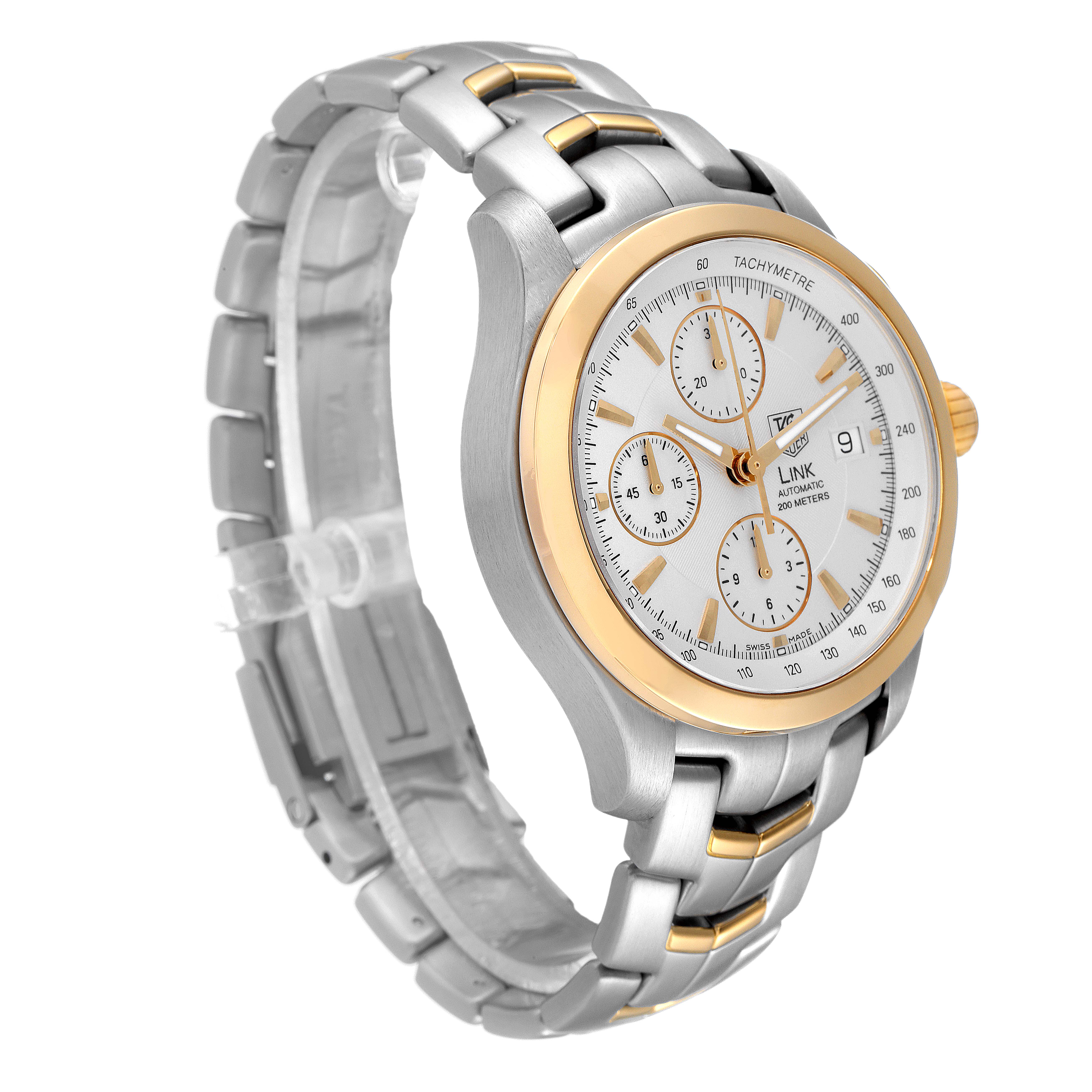 The image shows a Tag Heuer Link CJF2150.BB0595 Men's Steel and Gold (two tone) Silver Dial CJF2150.BB0595 Men's Steel and Gold (two tone) Silver Dial model watch at an angle, highlighting the front dial, band, and side crown.