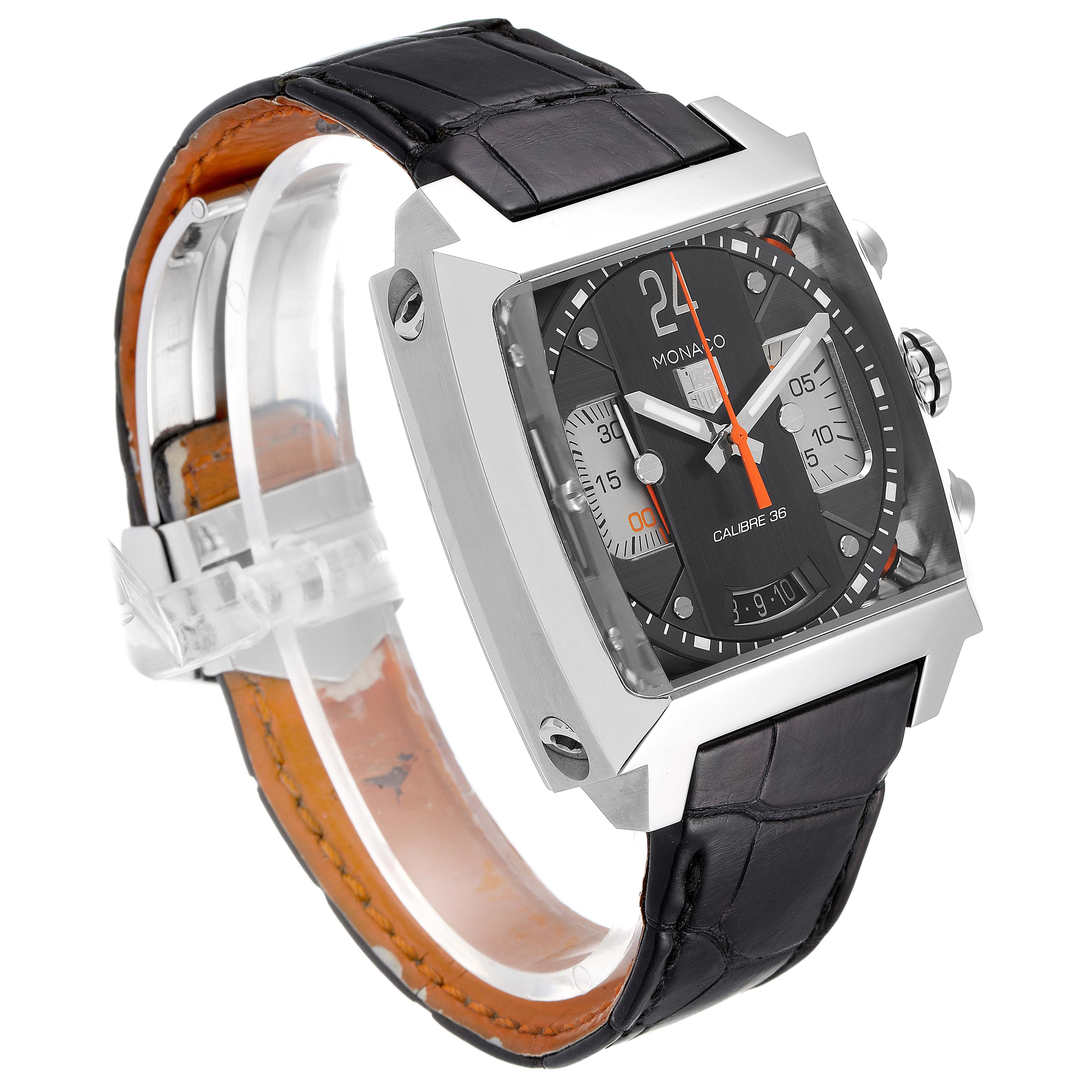 The image shows a Tag Heuer Monaco CAL5112.FC6298 Men's Stainless Steel Grey Dial CAL5112.FC6298 Men's Stainless Steel Grey Dial watch from a front-left angle, displaying the dial, crown, pushers, and leather strap.