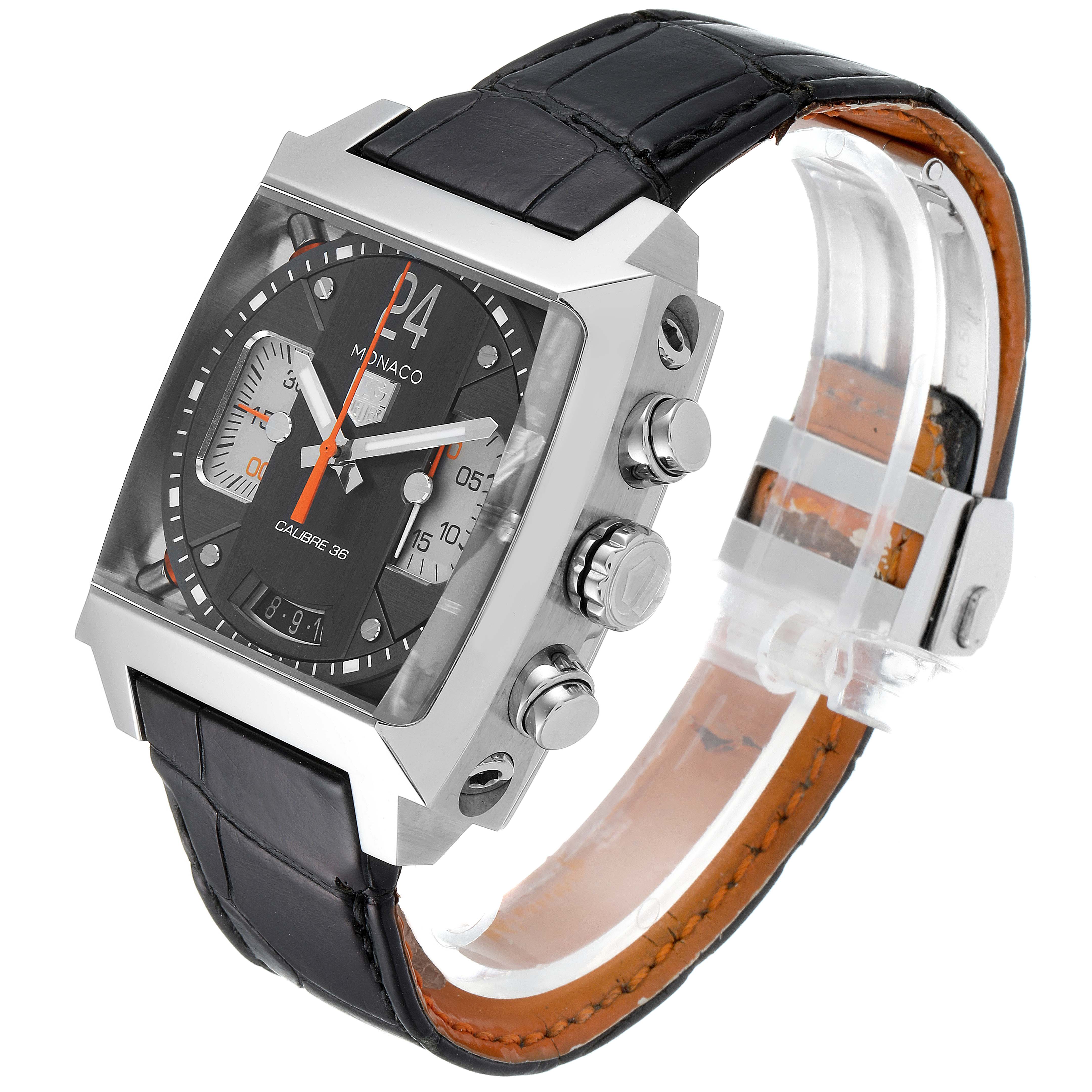 This image shows a Tag Heuer Monaco CAL5112.FC6298 Men's Stainless Steel Grey Dial CAL5112.FC6298 Men's Stainless Steel Grey Dial watch at an angle highlighting the face, side buttons, and strap.