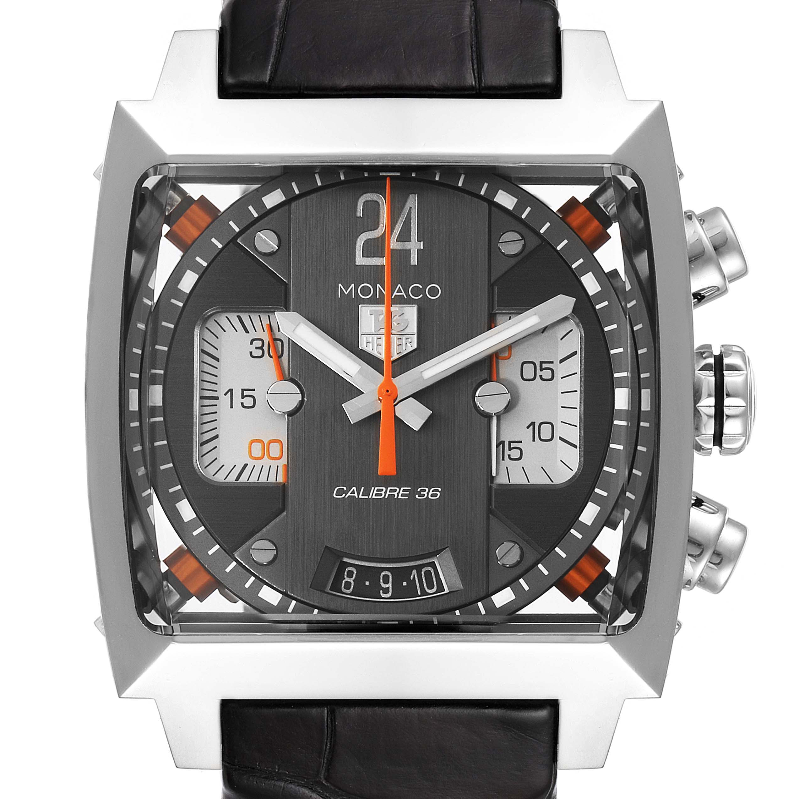 The Tag Heuer Monaco CAL5112.FC6298 Men's Stainless Steel Grey Dial CAL5112.FC6298 Men's Stainless Steel Grey Dial watch is shown from the front, highlighting its square face, subdials, hands, and date window.
