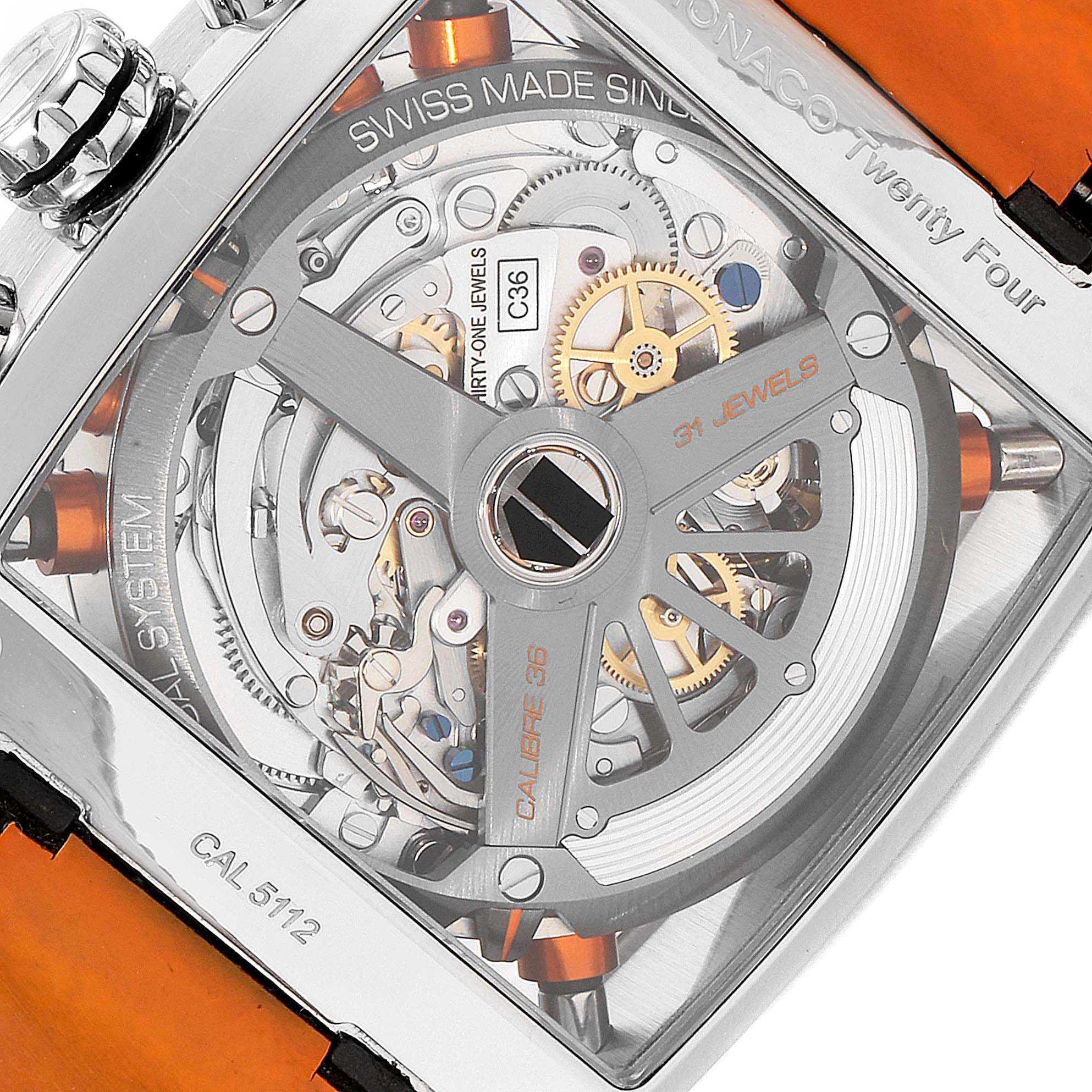 The image shows the back movement of the Tag Heuer Monaco CAL5112.FC6298 Men's Stainless Steel Grey Dial CAL5112.FC6298 Men's Stainless Steel Grey Dial watch, highlighting the intricate mechanics and Calibre 36.