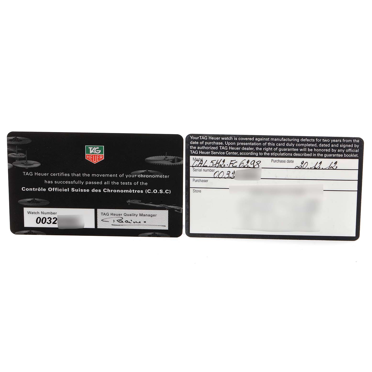 The image shows two certification and warranty cards for the Tag Heuer Monaco CAL5112.FC6298 Men's Stainless Steel Grey Dial CAL5112.FC6298 Men's Stainless Steel Grey Dial model, with one detailing COSC certification and the other purchase details.