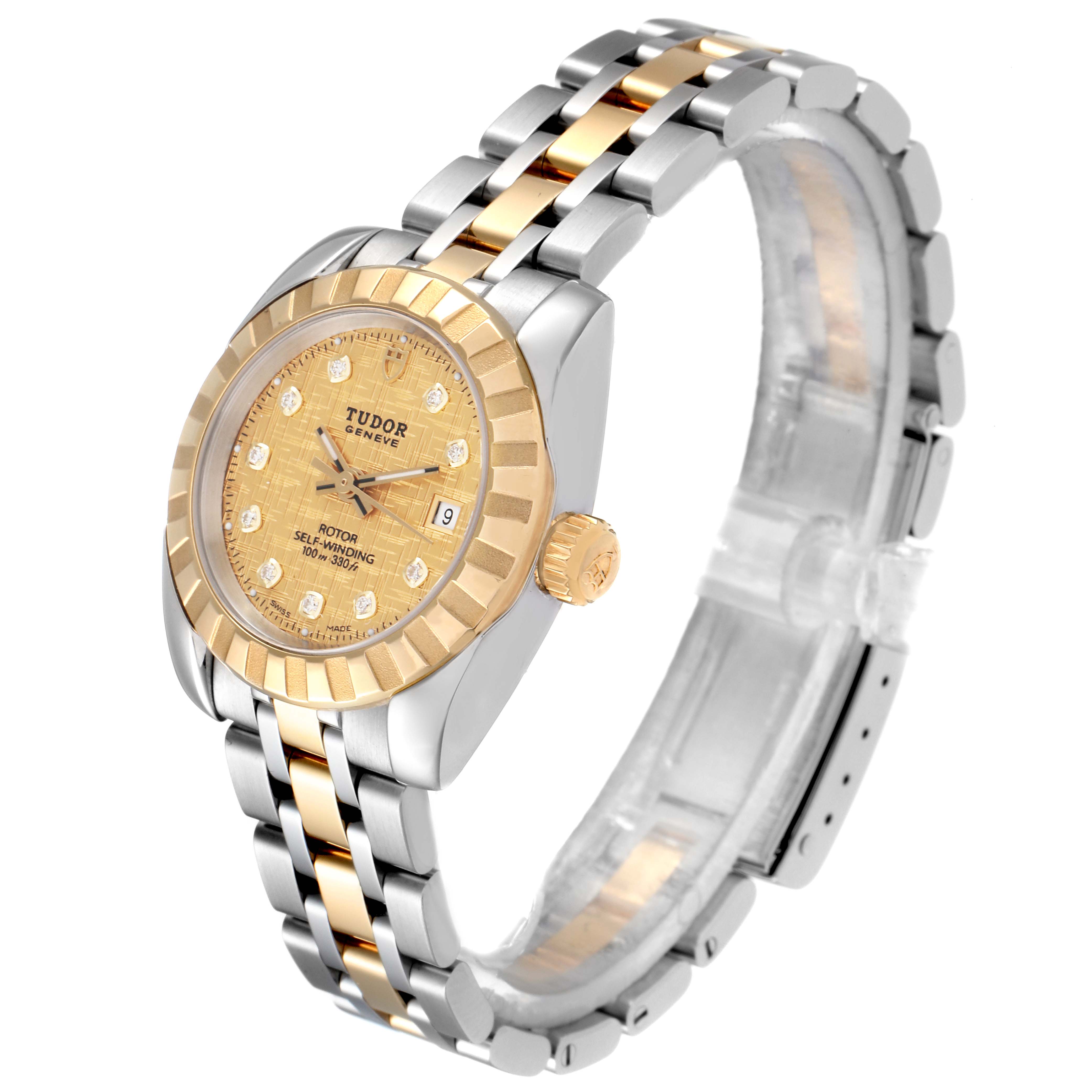 The Tudor Classic 22013 Women's Steel and Gold (two tone) Champagne Dial 22013 Women's Steel and Gold (two tone) Champagne Dial watch is shown at a slight angle, displaying its gold and silver bracelet, gold bezel, and dial.