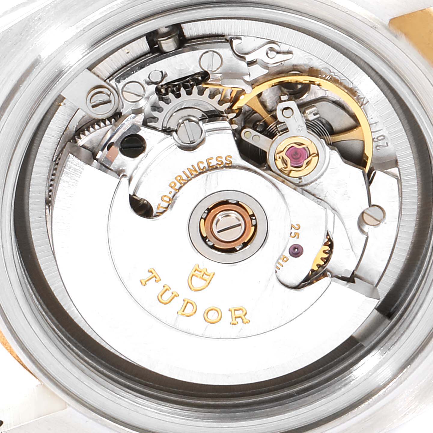 The image shows the inner mechanical components of the Tudor Classic 22013 Women's Steel and Gold (two tone) Champagne Dial 22013 Women's Steel and Gold (two tone) Champagne Dial model's watch movement.