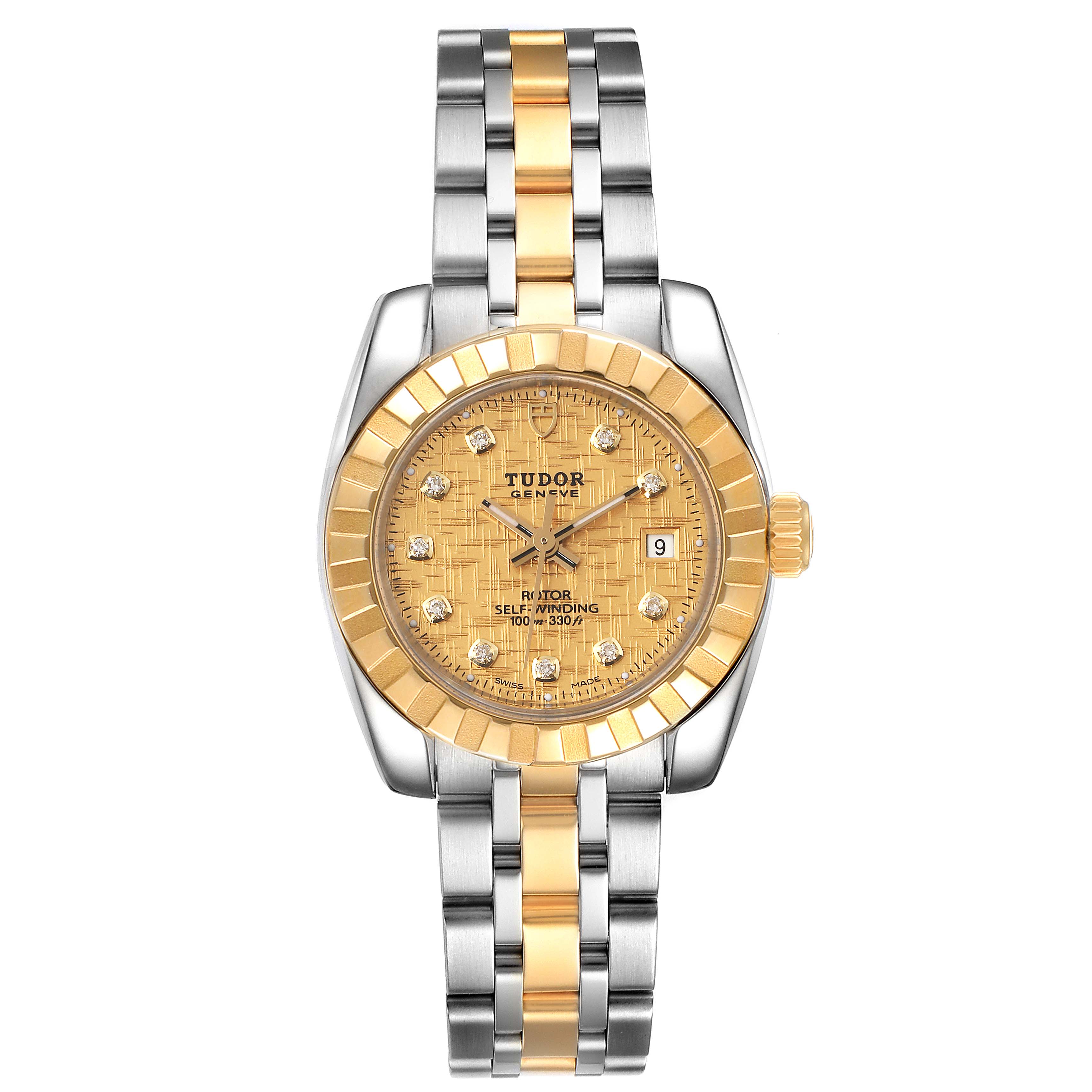 The Tudor Classic 22013 Women's Steel and Gold (two tone) Champagne Dial 22013 Women's Steel and Gold (two tone) Champagne Dial model watch is shown from a front angle, displaying its face, bezel, case, and bracelet.