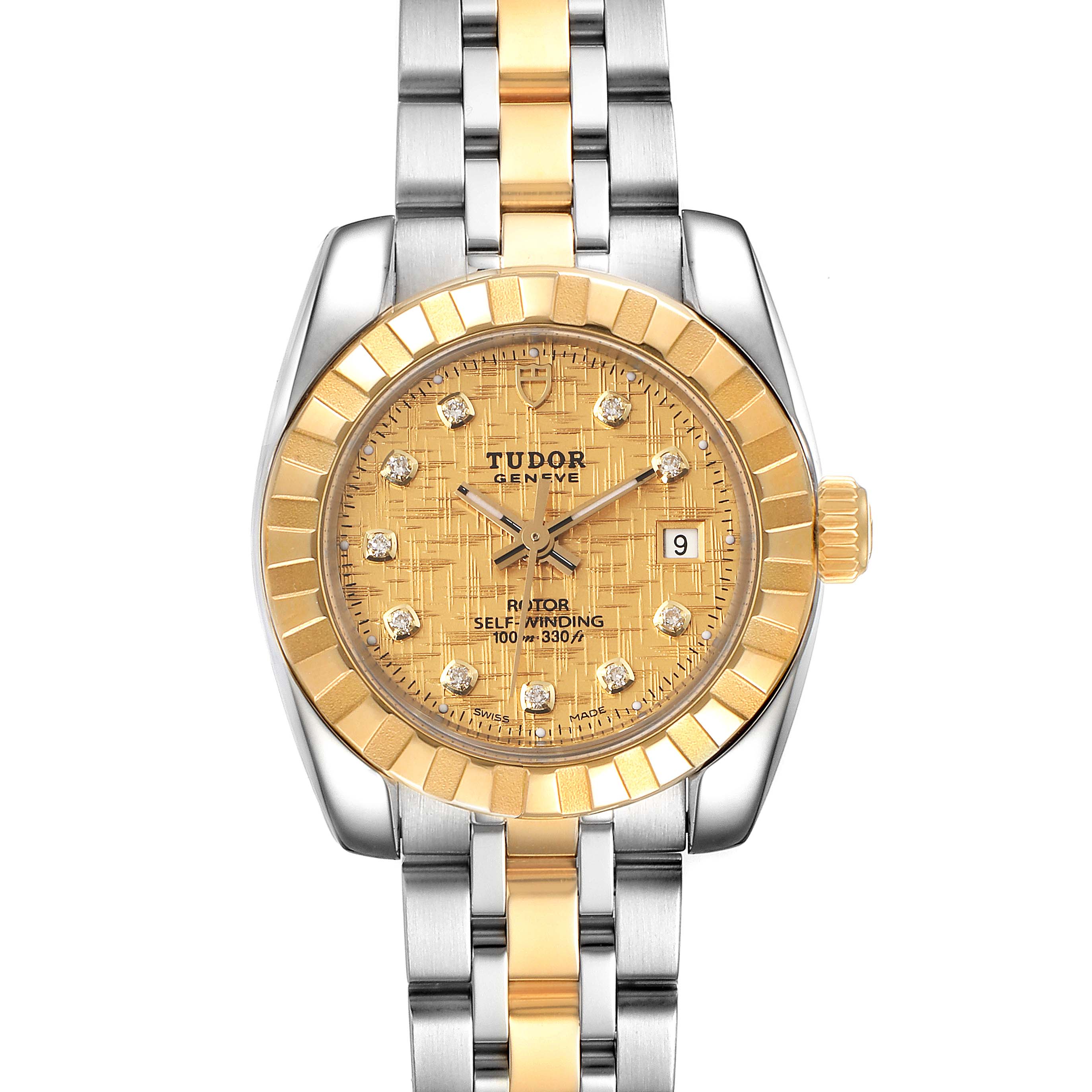 The image shows a front view of the Tudor Classic 22013 Women's Steel and Gold (two tone) Champagne Dial 22013 Women's Steel and Gold (two tone) Champagne Dial model watch, highlighting its gold and silver bracelet, bezel, and dial.