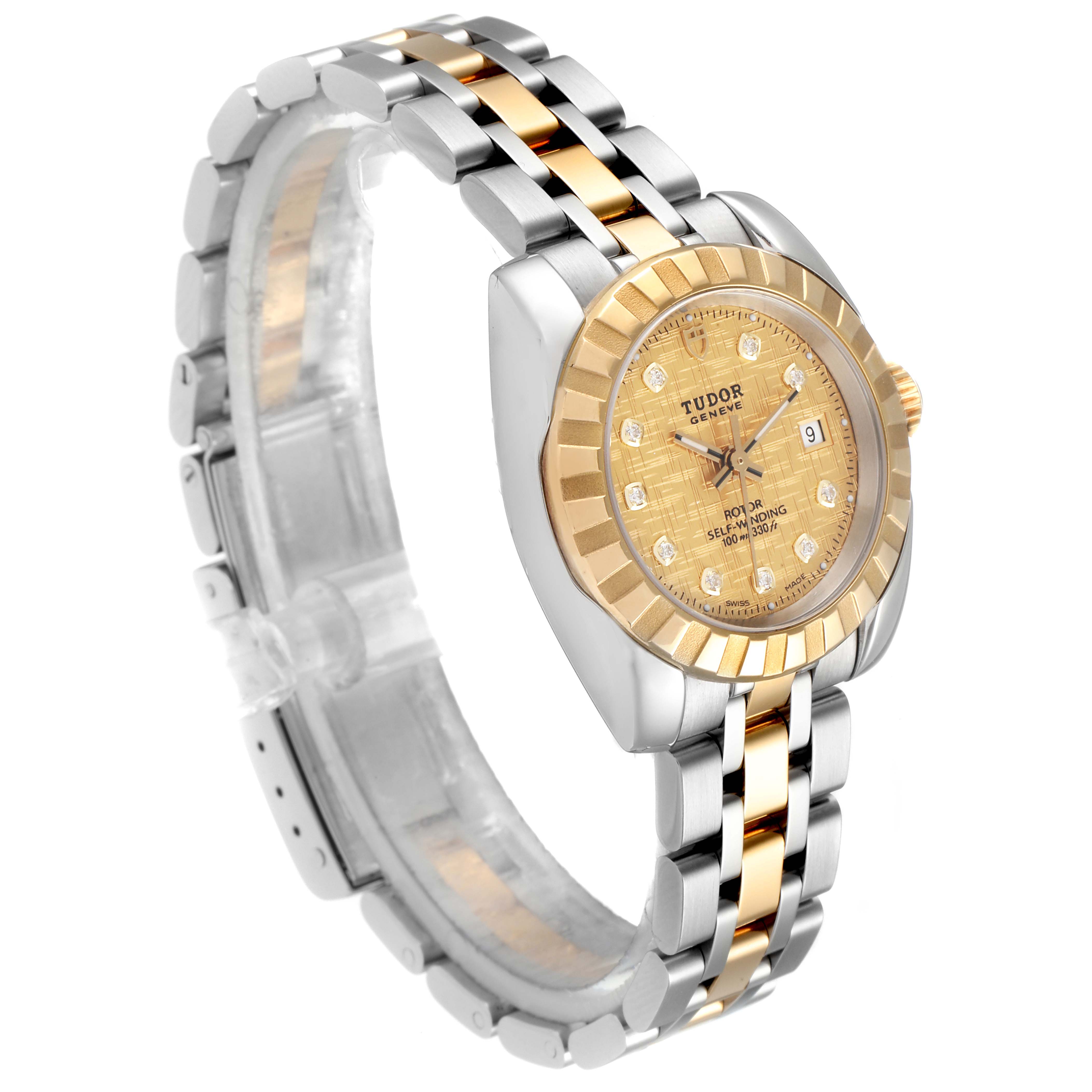 The Tudor Classic 22013 Women's Steel and Gold (two tone) Champagne Dial 22013 Women's Steel and Gold (two tone) Champagne Dial model watch is shown at a slight side angle, highlighting its gold and silver bracelet, bezel, and face.