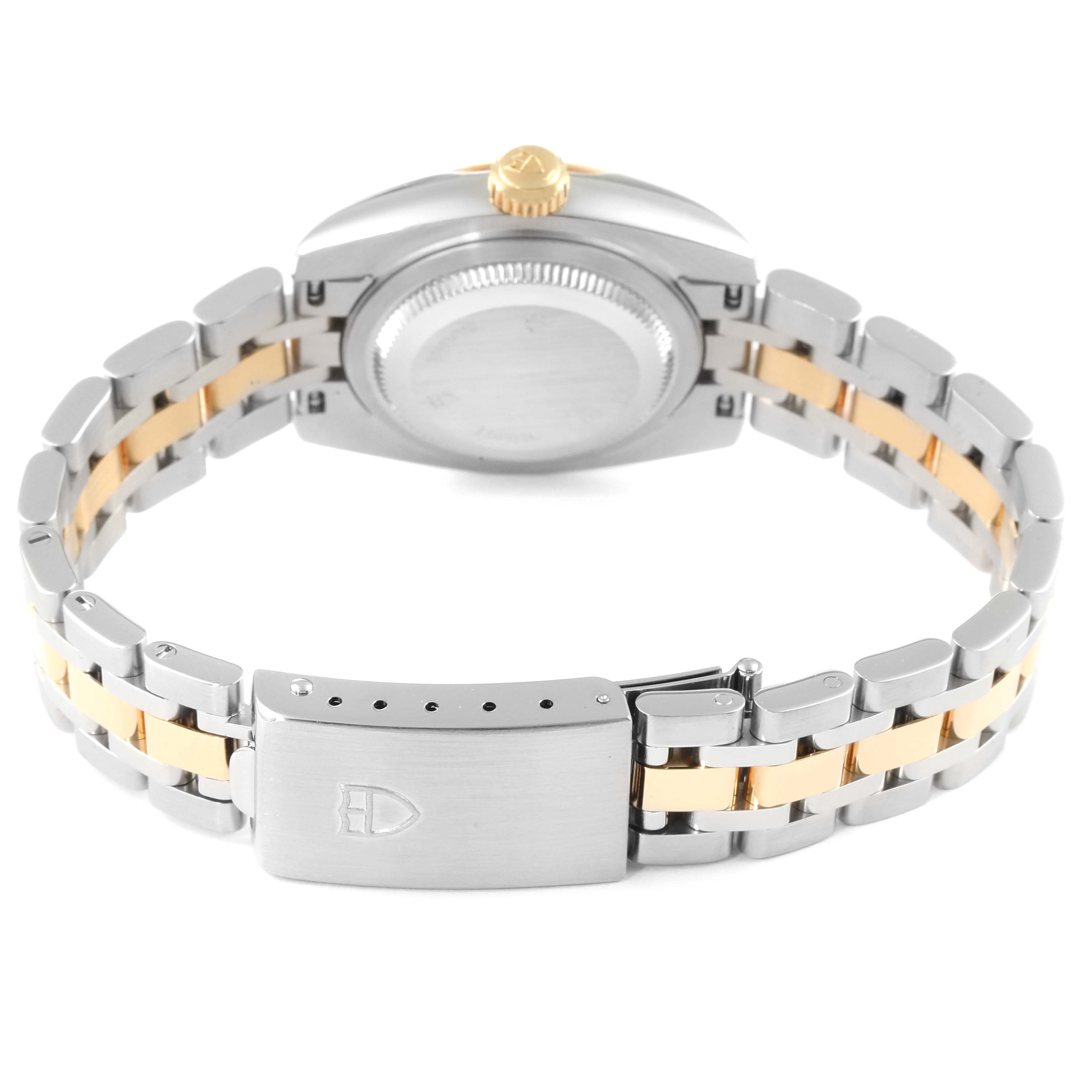 This image shows the back case and clasp of the Tudor Classic 22013 Women's Steel and Gold (two tone) Champagne Dial 22013 Women's Steel and Gold (two tone) Champagne Dial model watch, highlighting its metal two-tone bracelet.
