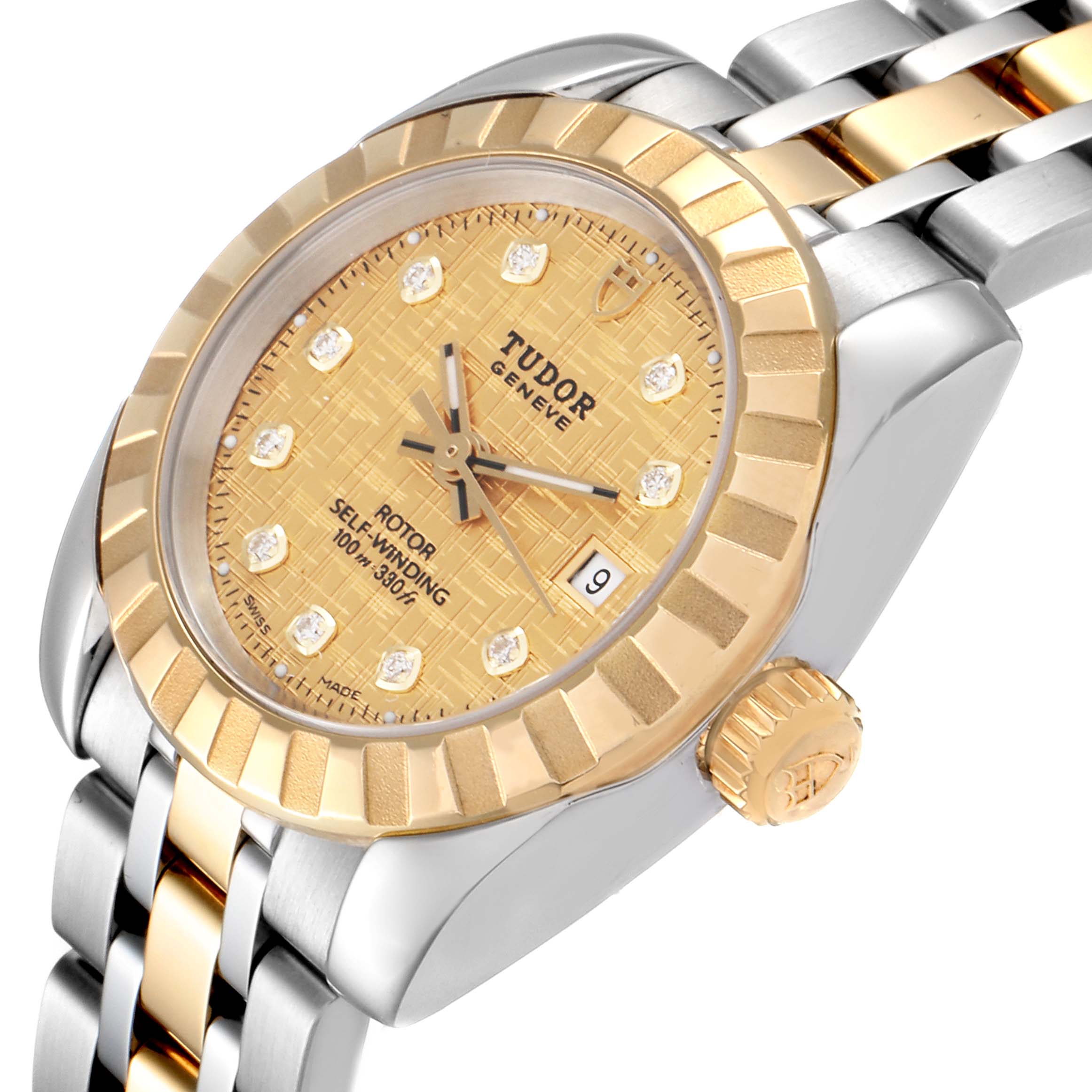 The image shows a Tudor Classic 22013 Women's Steel and Gold (two tone) Champagne Dial 22013 Women's Steel and Gold (two tone) Champagne Dial watch at an angle highlighting the face, bezel, crown, and part of the bracelet.