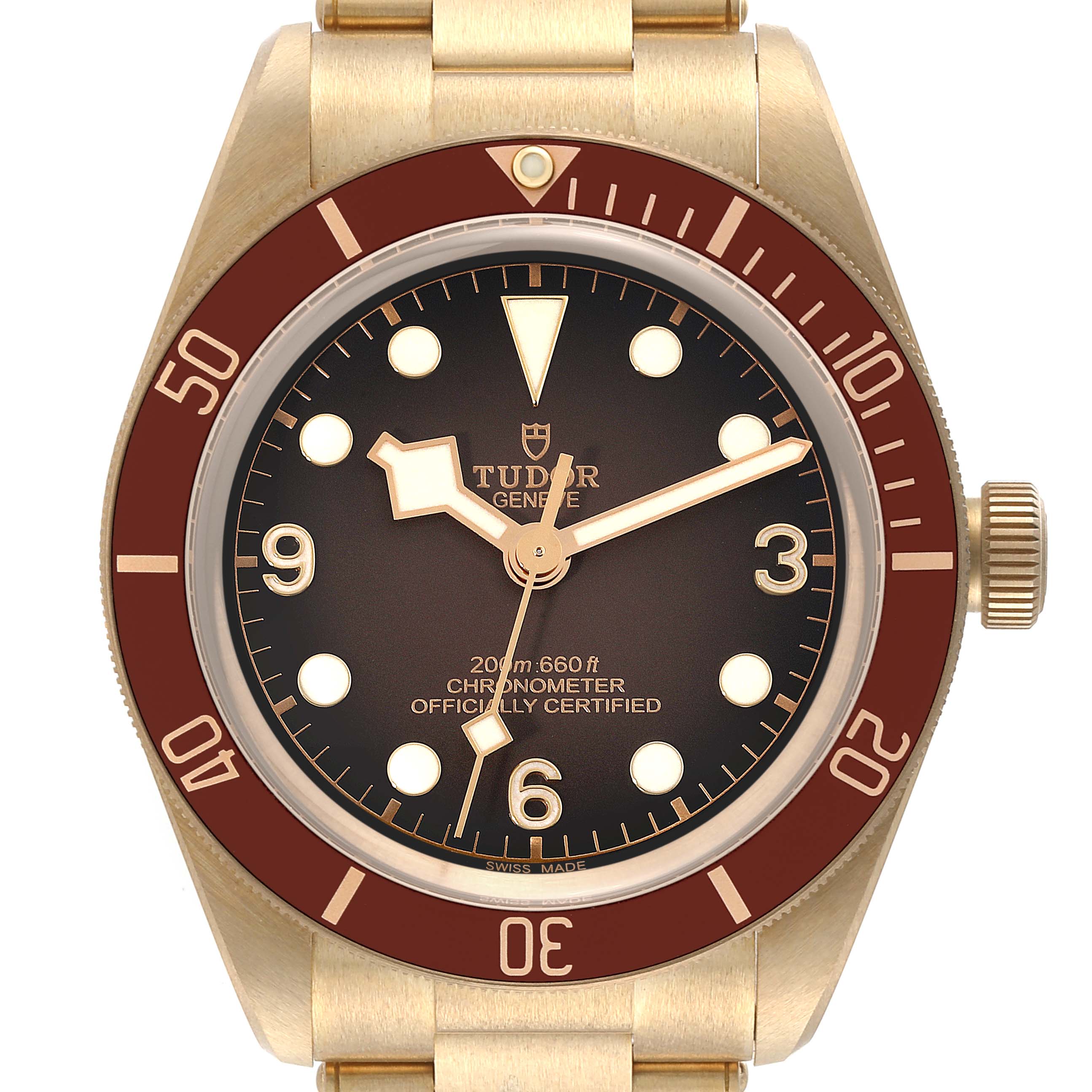 The image shows the front view of a Tudor Heritage Black Bay M79012M-0001 Men's Bronze Brown Dial M79012M-0001 Men's Bronze Brown Dial watch, capturing the dial, bezel, and part of the bracelet.