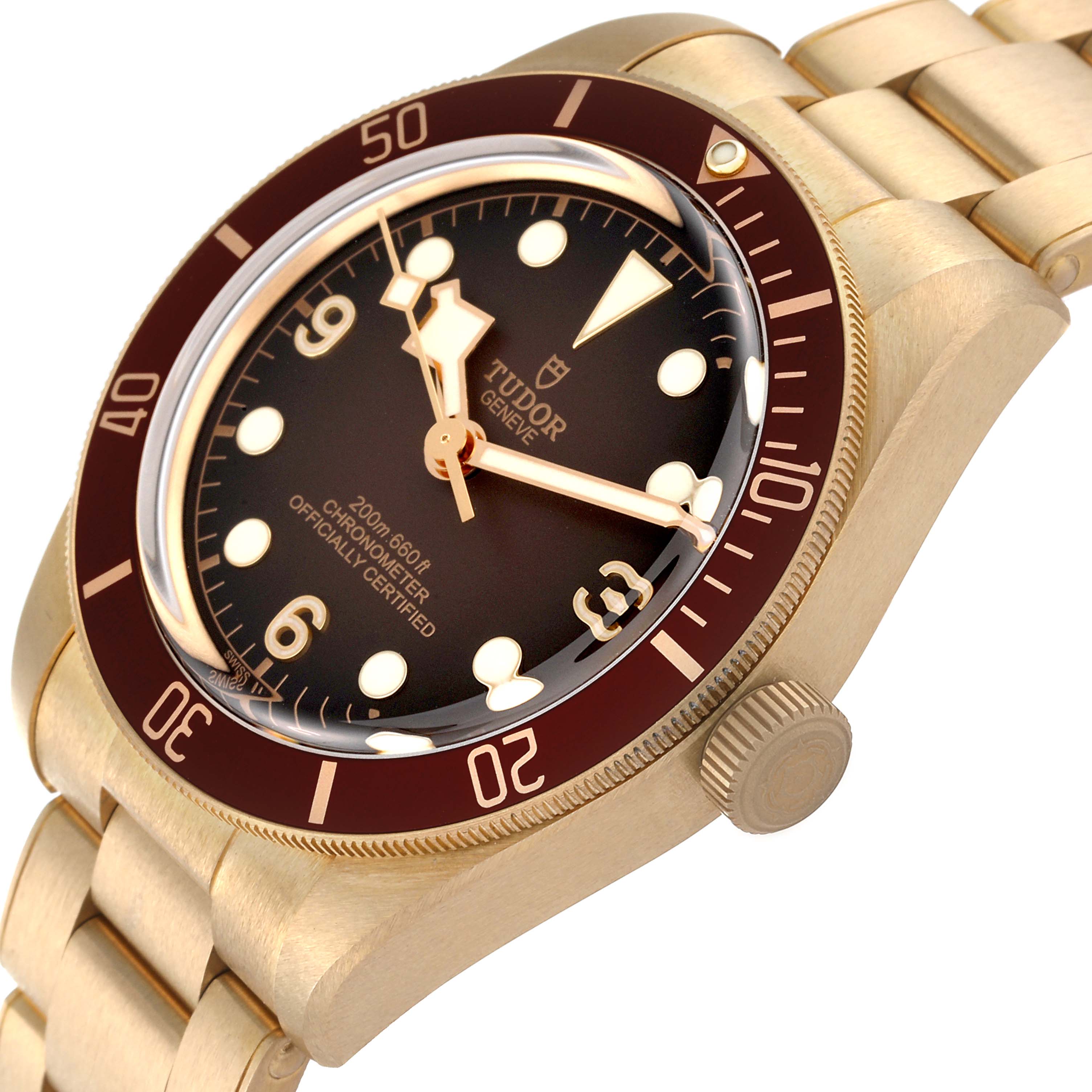 The Tudor Heritage Black Bay M79012M-0001 Men's Bronze Brown Dial M79012M-0001 Men's Bronze Brown Dial watch is shown at an angled close-up, highlighting the dial, bezel, crown, and bracelet.