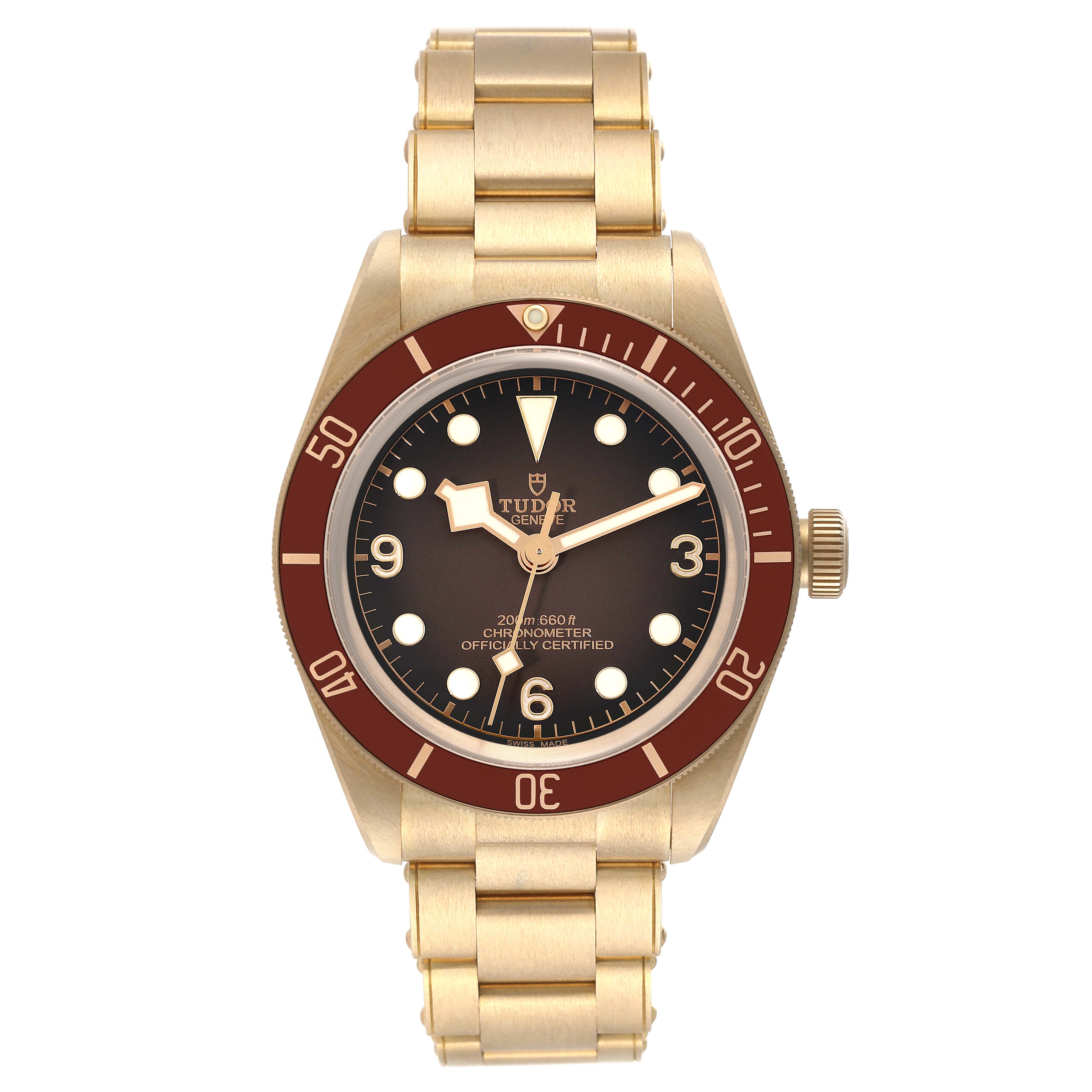 The image shows a front view of the Tudor Heritage Black Bay M79012M-0001 Men's Bronze Brown Dial M79012M-0001 Men's Bronze Brown Dial watch, displaying the dial, bezel, case, and bracelet.