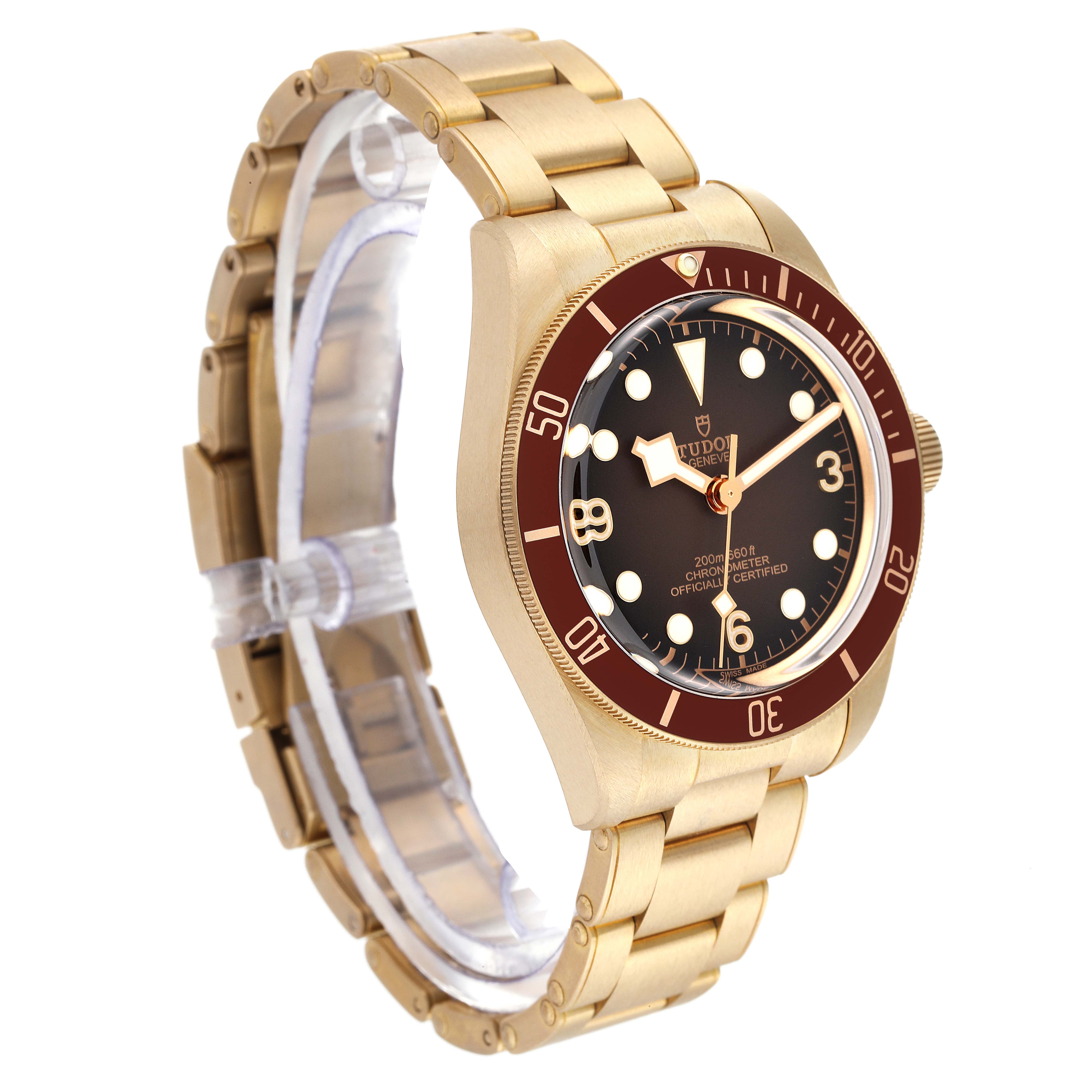 The image shows a side-angle view of the Tudor Heritage Black Bay M79012M-0001 Men's Bronze Brown Dial M79012M-0001 Men's Bronze Brown Dial watch, highlighting its case, bezel, dial, and bracelet.