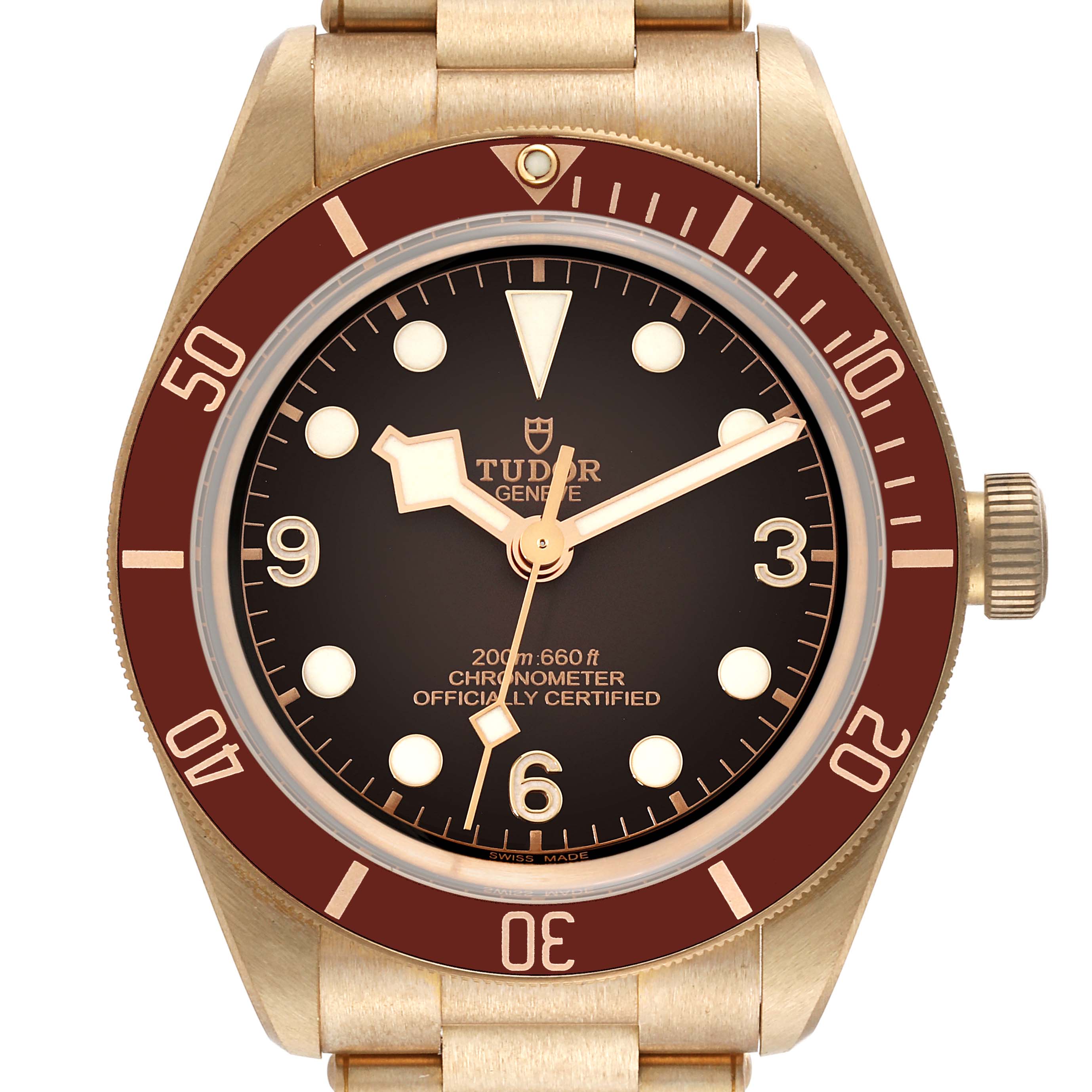 The angle shows a front view of the Tudor Heritage Black Bay M79012M-0001 Men's Bronze Brown Dial M79012M-0001 Men's Bronze Brown Dial watch, highlighting the dial, bezel, and crown.