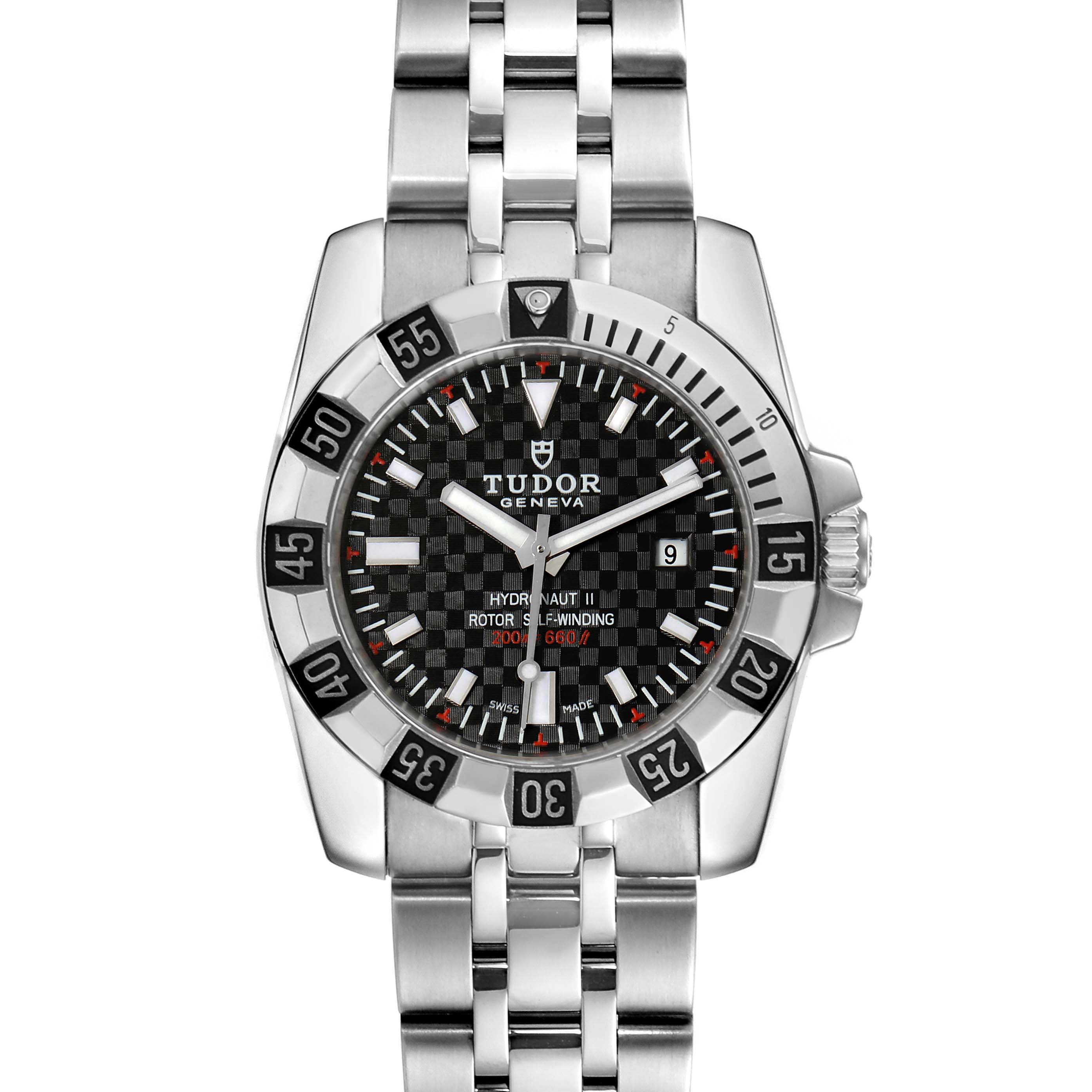 This image shows a frontal view of the Tudor Hydronaut 24030 Women's Stainless Steel Black Dial 24030 Women's Stainless Steel Black Dial watch, featuring the face, bezel, and part of the bracelet.