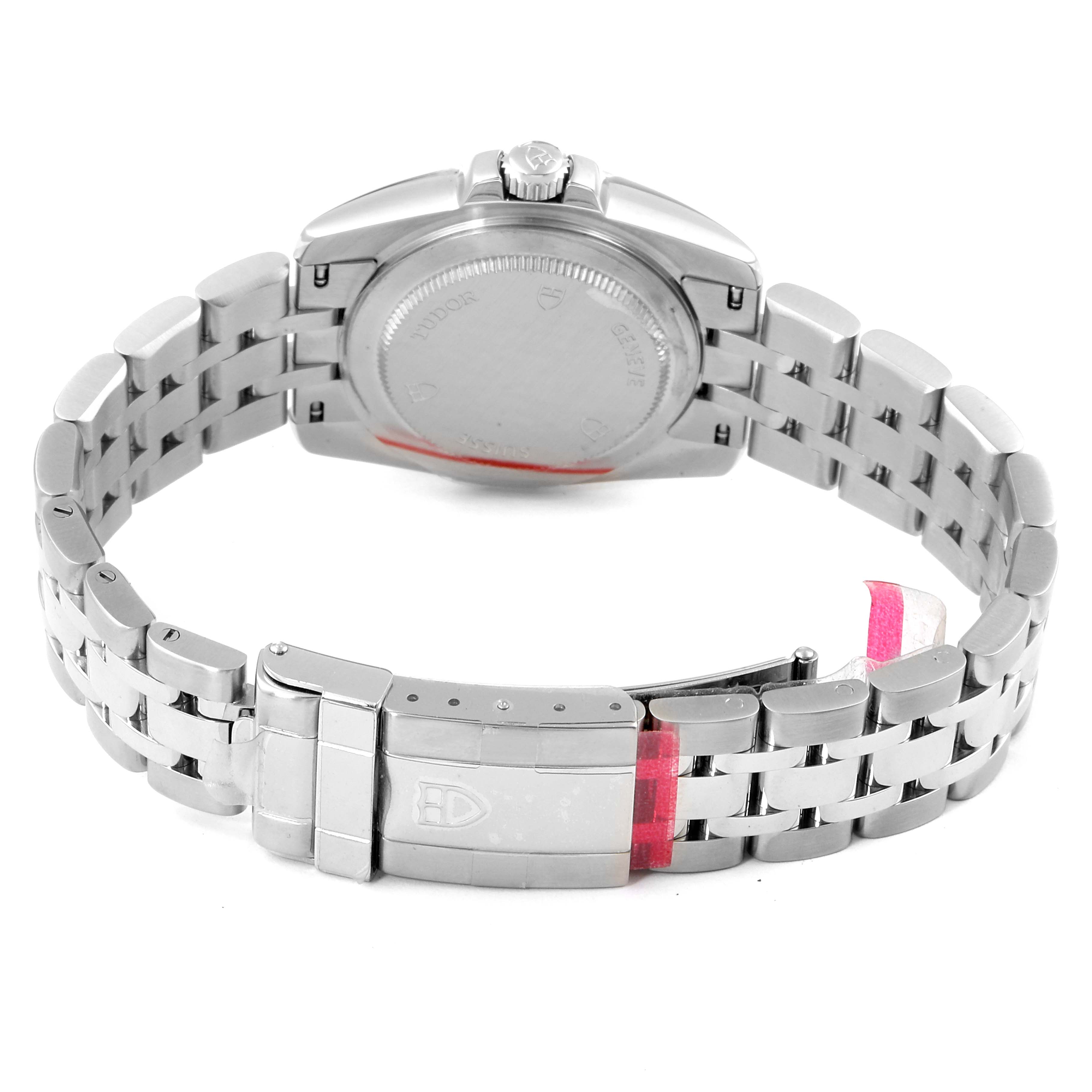 The image displays the back and bracelet of a Tudor Hydronaut 24030 Women's Stainless Steel Black Dial 24030 Women's Stainless Steel Black Dial watch, focusing on the clasp and case back.