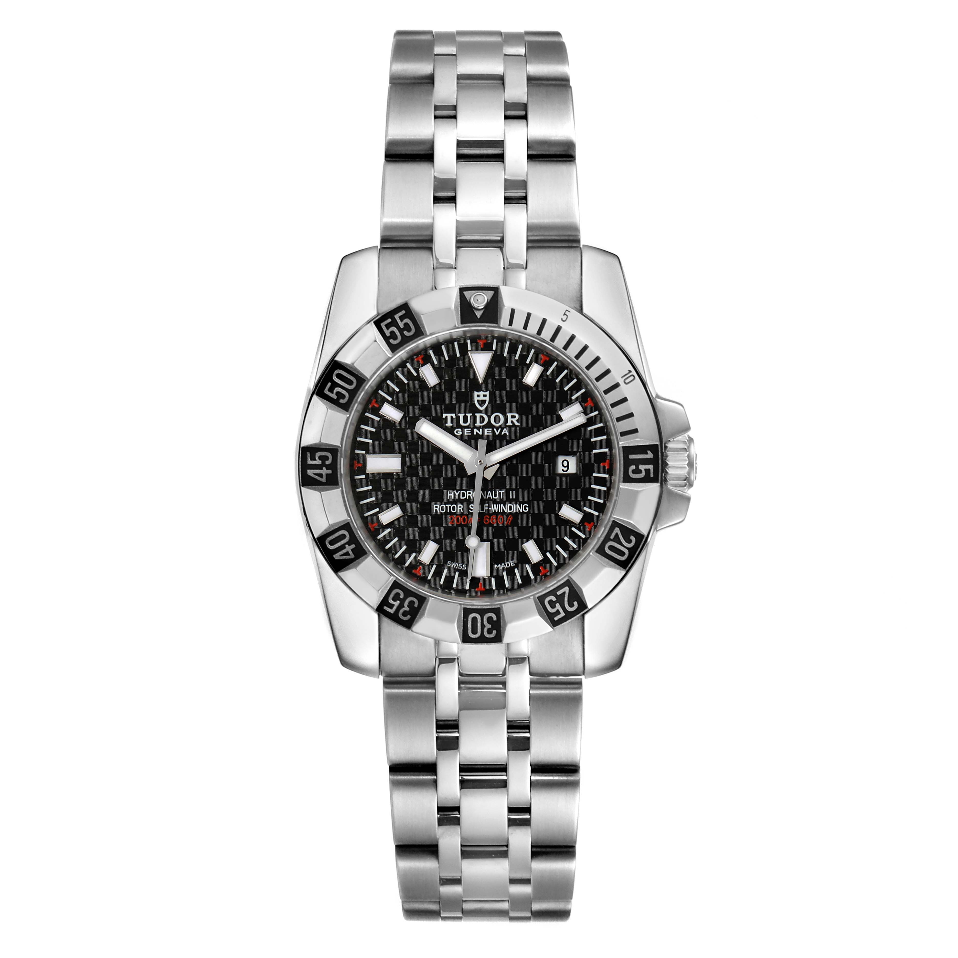 This image shows a front view of the Tudor Hydronaut 24030 Women's Stainless Steel Black Dial 24030 Women's Stainless Steel Black Dial watch, displaying its face, bezel, and bracelet.