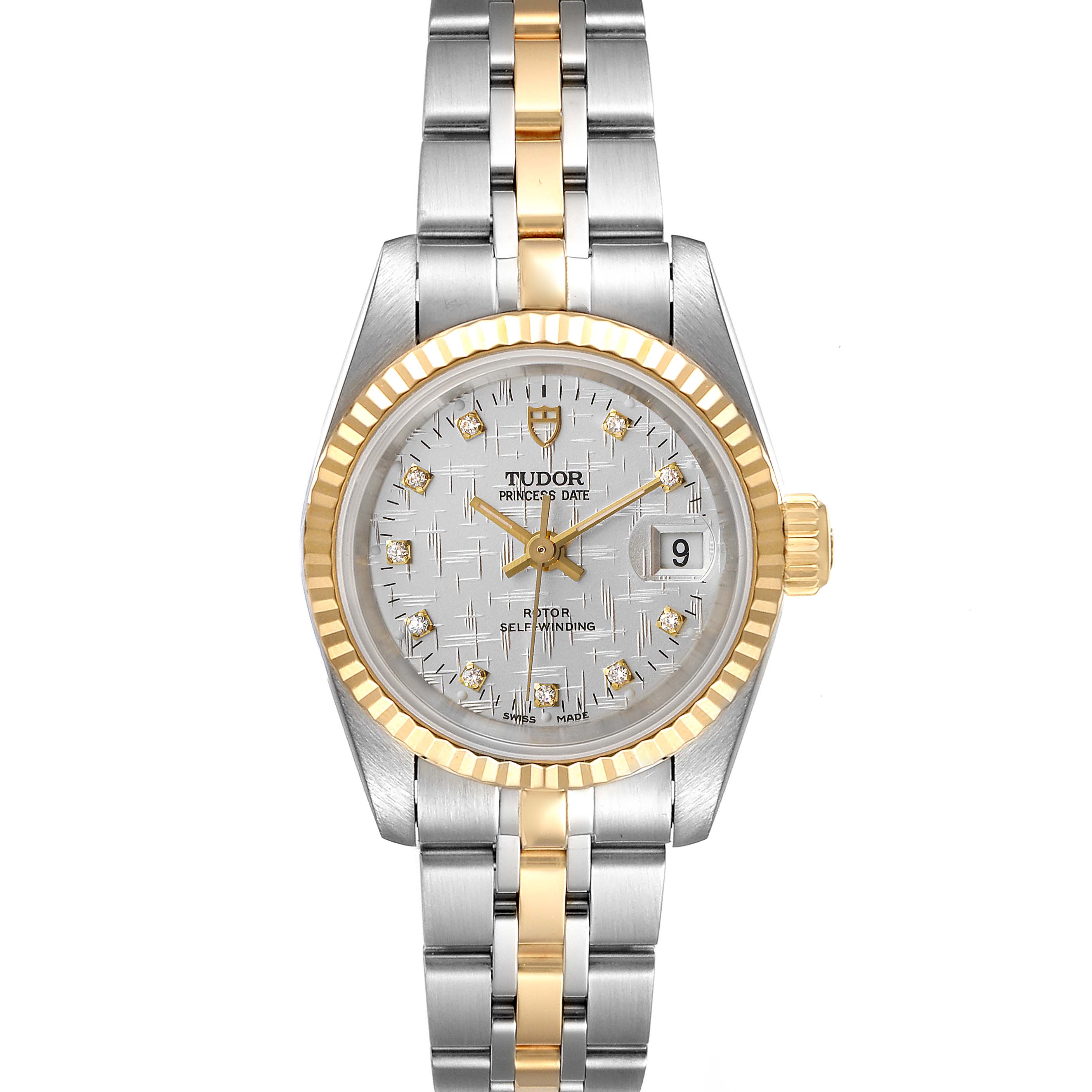 The image shows a front view of a Tudor Princess 92413 Women's Steel and Gold (two tone) Silver Dial 92413 Women's Steel and Gold (two tone) Silver Dial model watch with a silver and gold color scheme on its dial and bracelet.