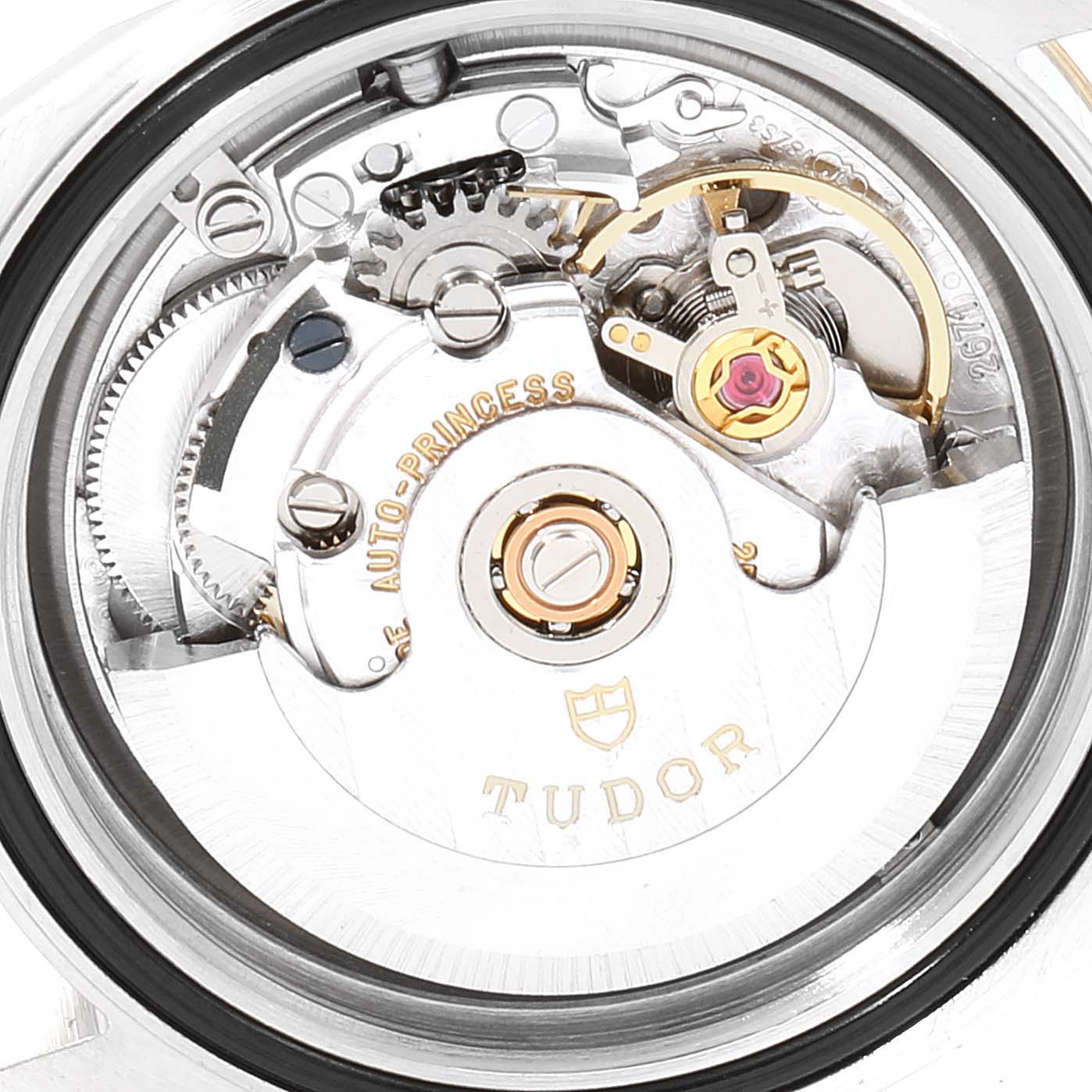 The image shows a close-up view of the mechanical movement inside a Tudor Princess 92413 Women's Steel and Gold (two tone) Silver Dial 92413 Women's Steel and Gold (two tone) Silver Dial model watch.